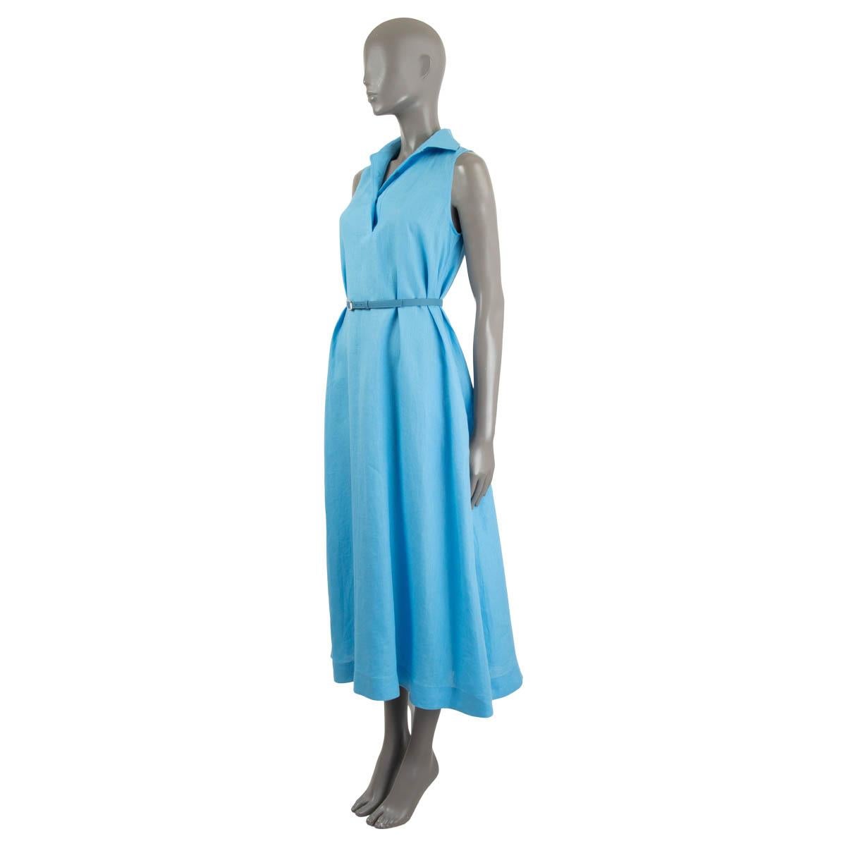 100% authentic Loro Piana Leyla belted sleeveless shirt dress in light blue linen (100%). The fabric is treated with aloe vera for a wrinkle-resisting design you can pack with ease. It's cinched at the waist with a logo-engraved nappa leather belt.