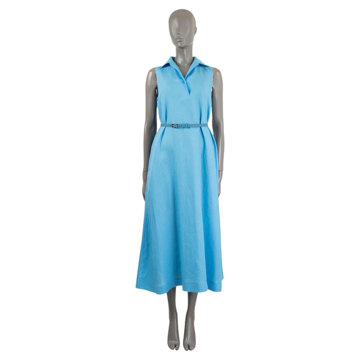 LORO PIANA light blue linen LEYLA BELTED SHIRT MIDI Dress 40 S For Sale