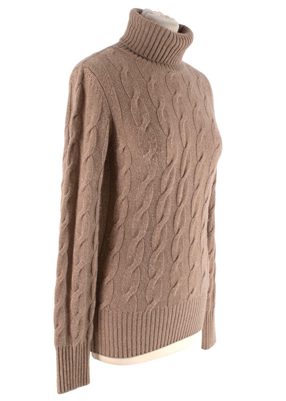 Loro Piana Light Brown Cable Knit Baby Cashmere Sweater

- Soft and sumptuous baby cashmere with subtle cable knit weave
- Ribbed polo neck, cuffs, and hemline
- Slim fit

Materials:
100% Cashmere

Made in Italy
Machine wash 30 degrees only

9.5