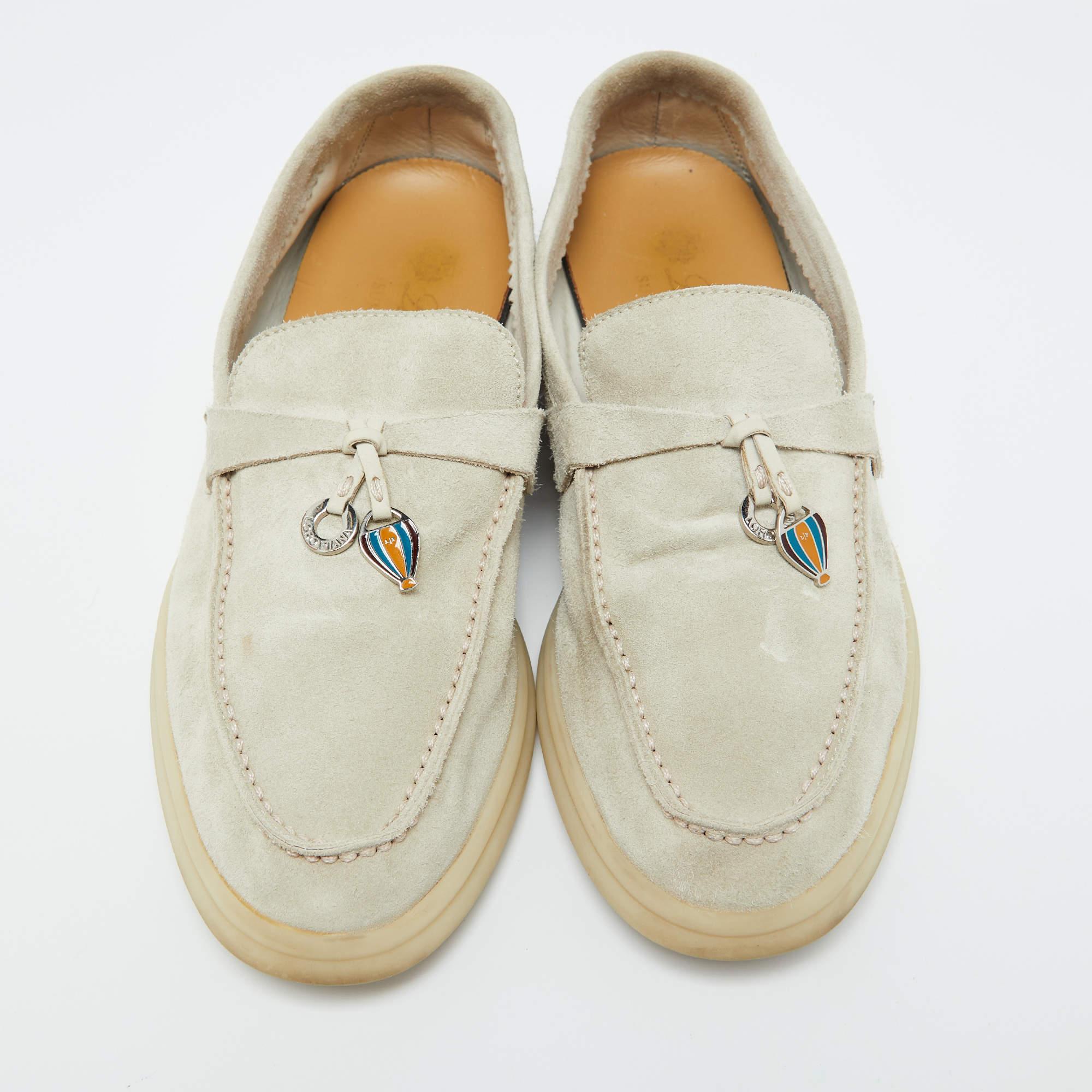 Beige Loro Piana Light Grey Suede Summer Charms Walk Loafers Size 35.5