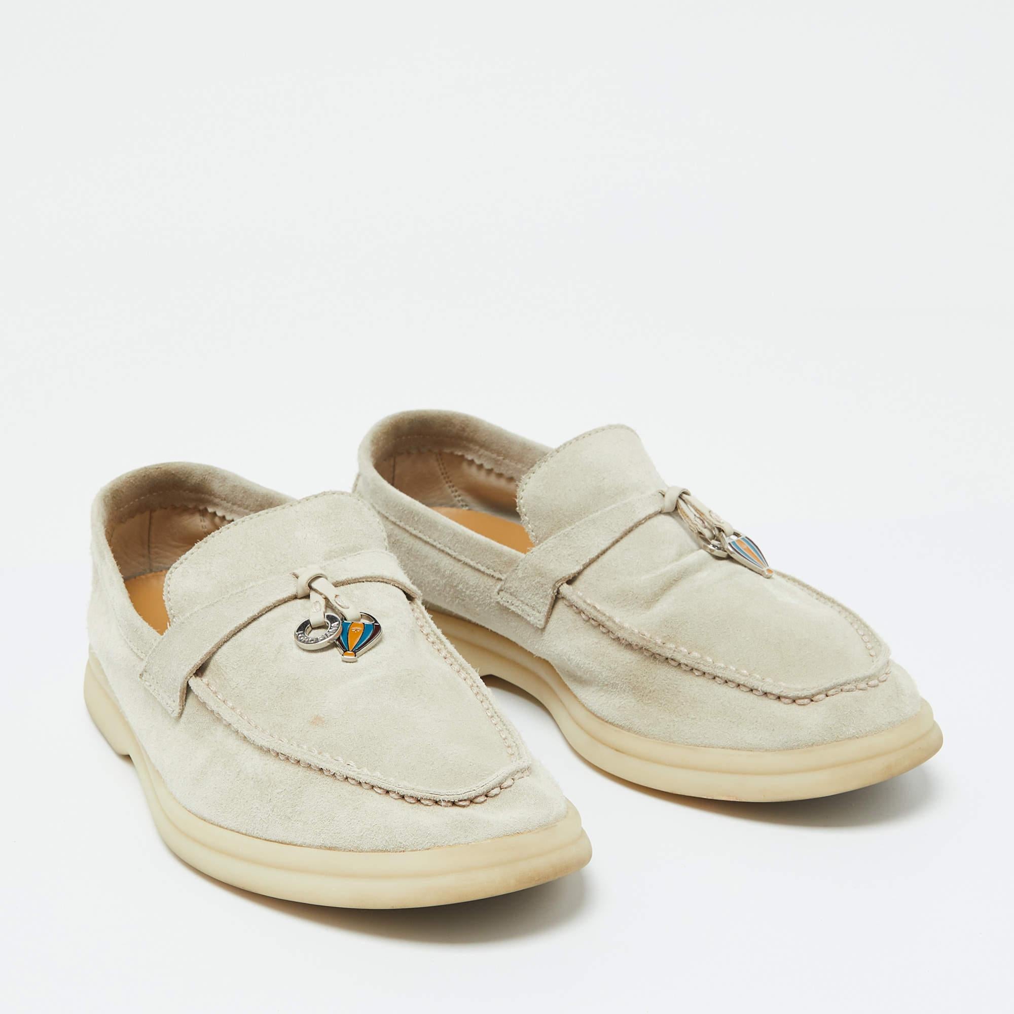 Loro Piana Light Grey Suede Summer Charms Walk Loafers Size 35.5 In Fair Condition In Dubai, Al Qouz 2