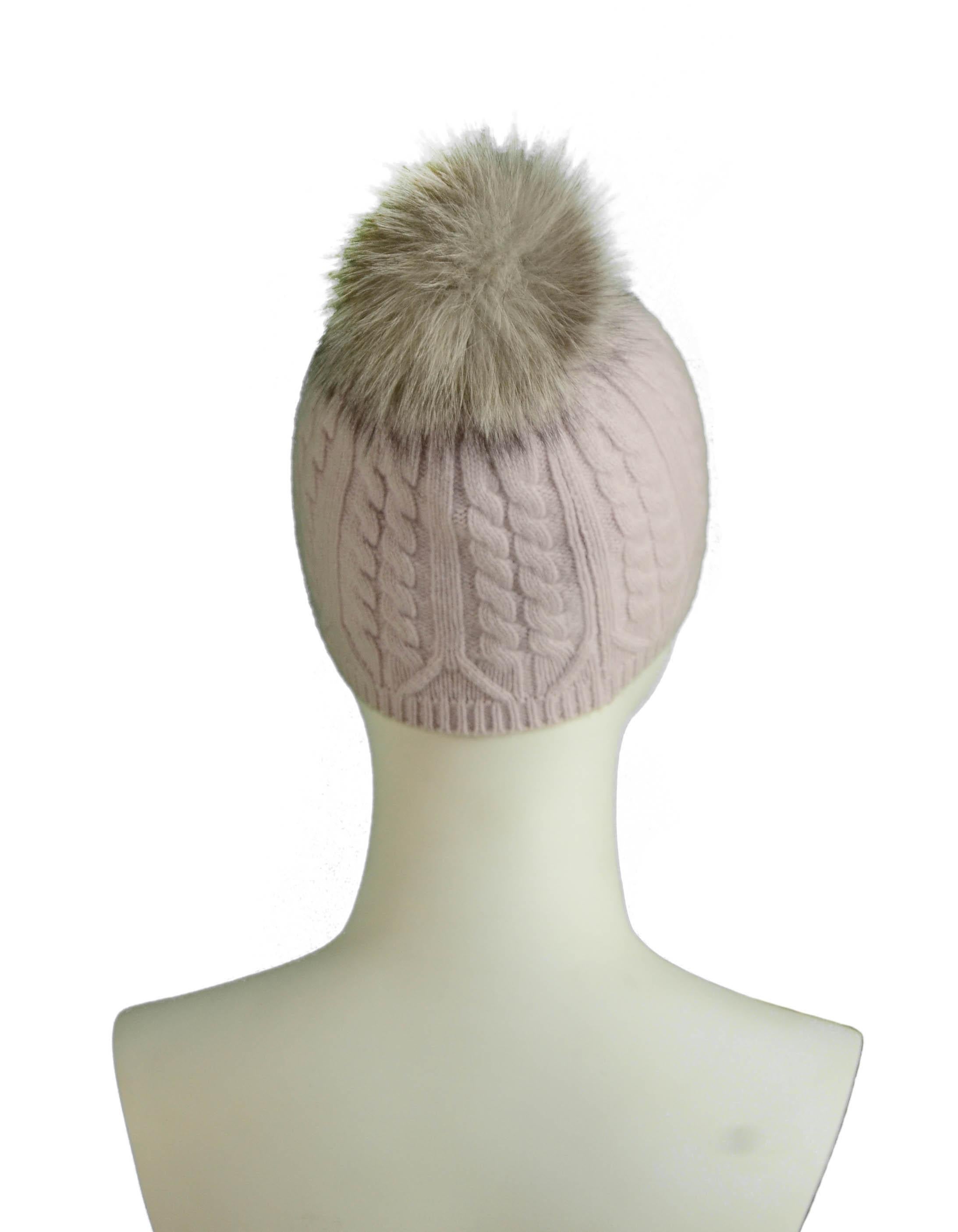 Loro Piana Light Pink Cashmere Knit Beanie Hat w/ Fox Pom Pom For 
