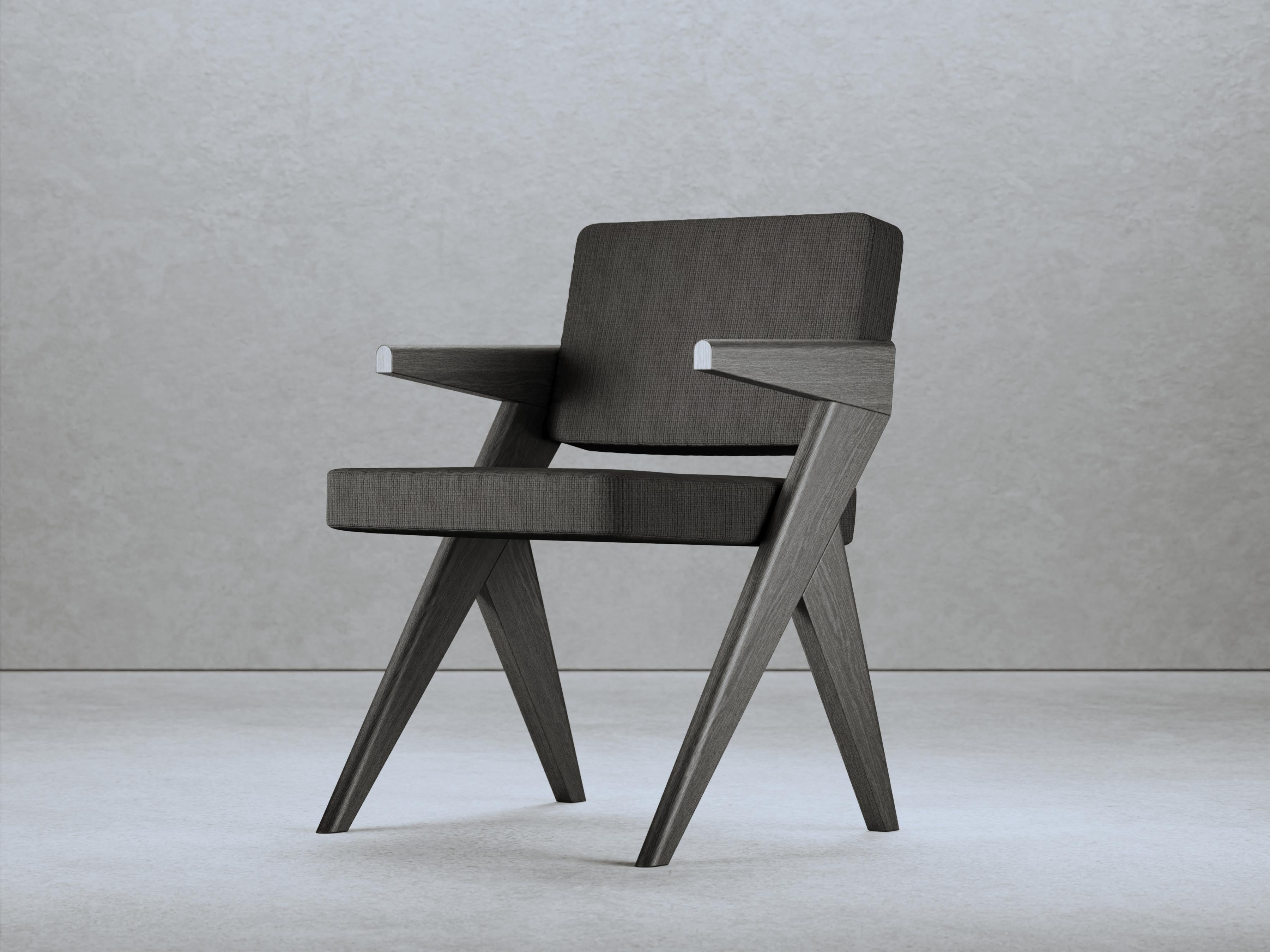 Loro Piana Linen Souvenir Chair With Armrest by Gio Pagani
Dimensions: D 55 x W 50 x H 88 cm. SH: 48 cm.
Materials: Black elm wood and Loro Piana linen.

In a fluid society capable of mixing infinite social and cultural varieties, the nostalgic