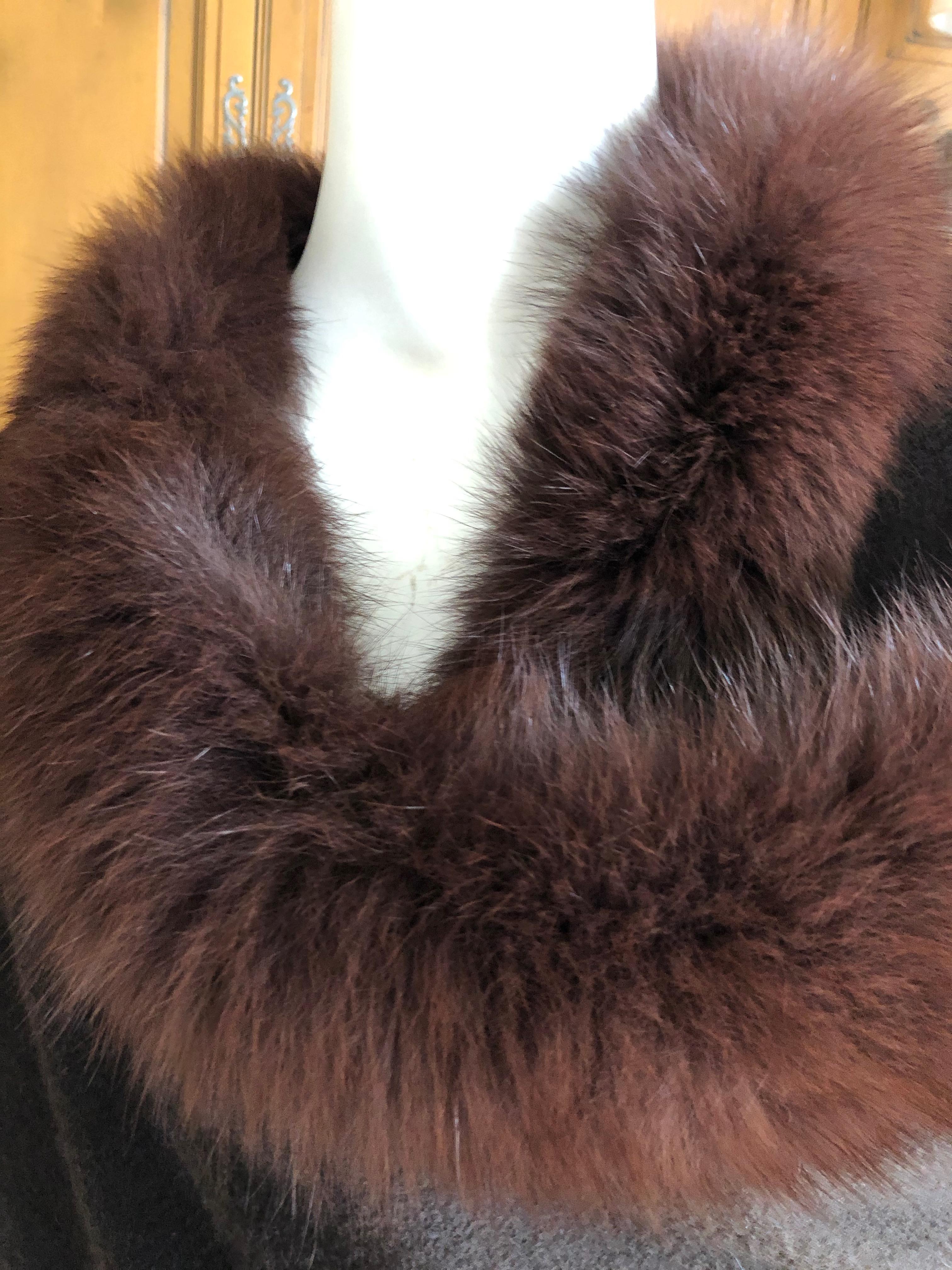 Loro Piana Luxurious Brown Pure Cashmere Wrap with Fox Fur Trim For Sale 1