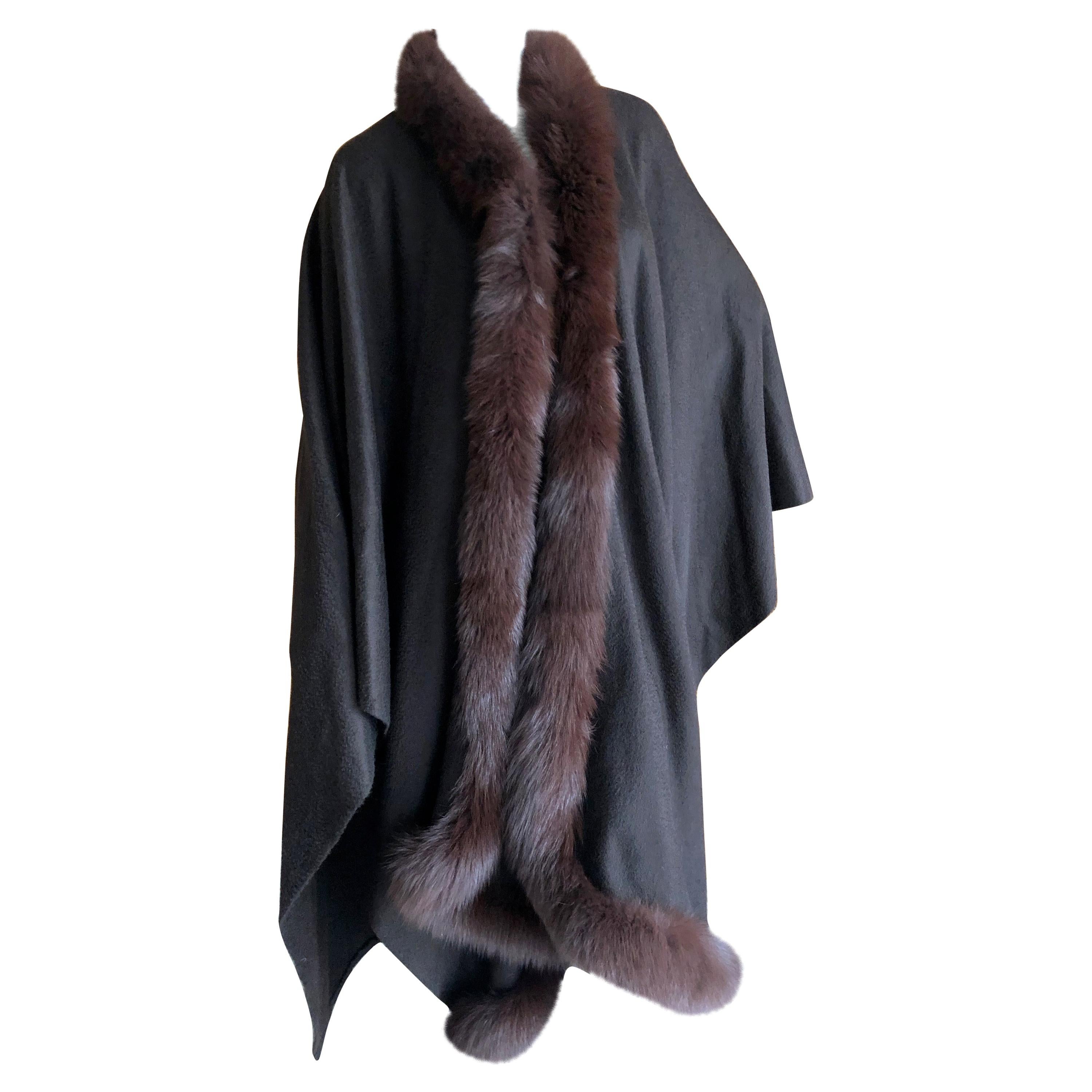 Loro Piana Luxurious Brown Pure Cashmere Wrap with Fox Fur Trim For Sale