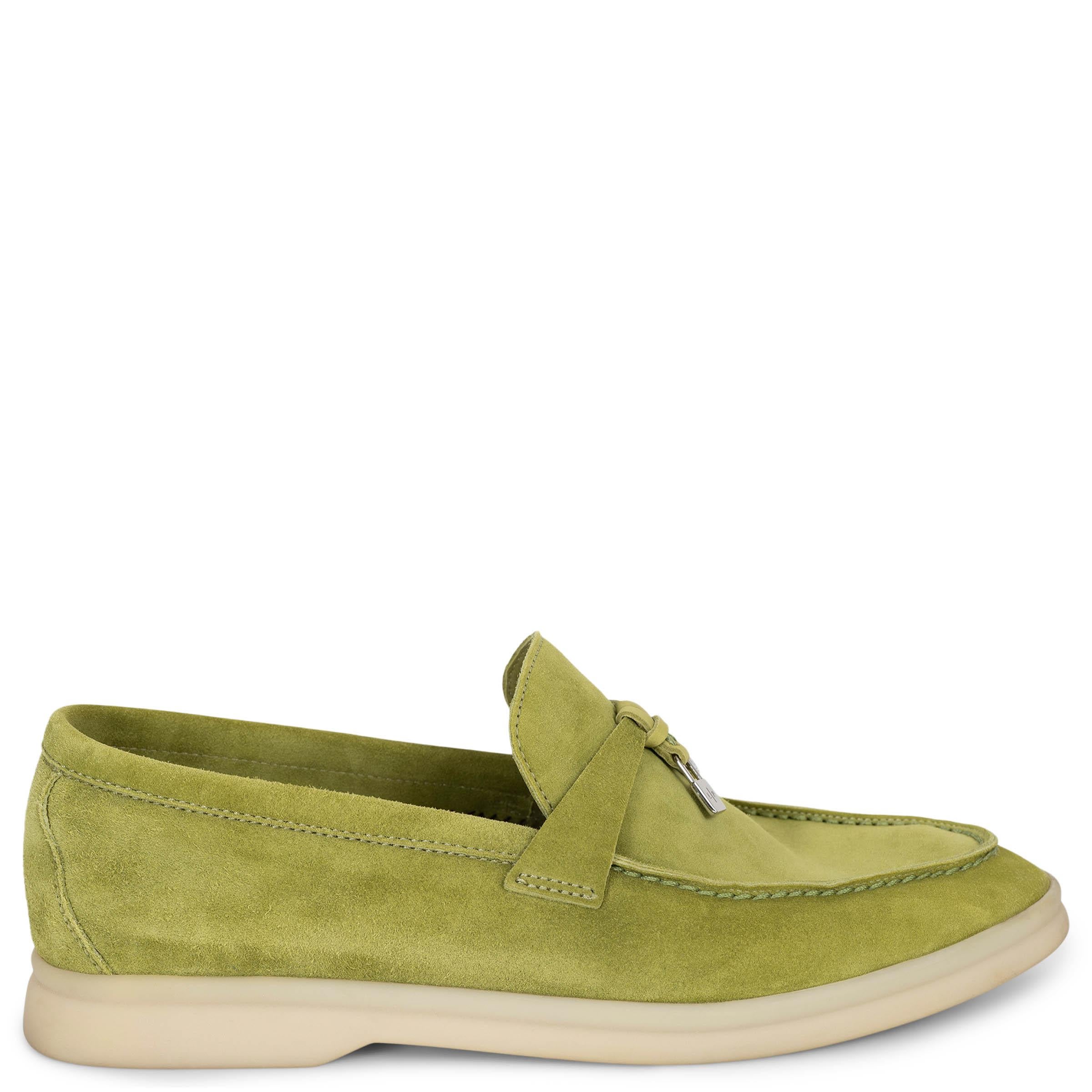 LORO PIANA Matcha Vert poudre daim SUMMER CHARMS WALK Mocassins Chaussures 38