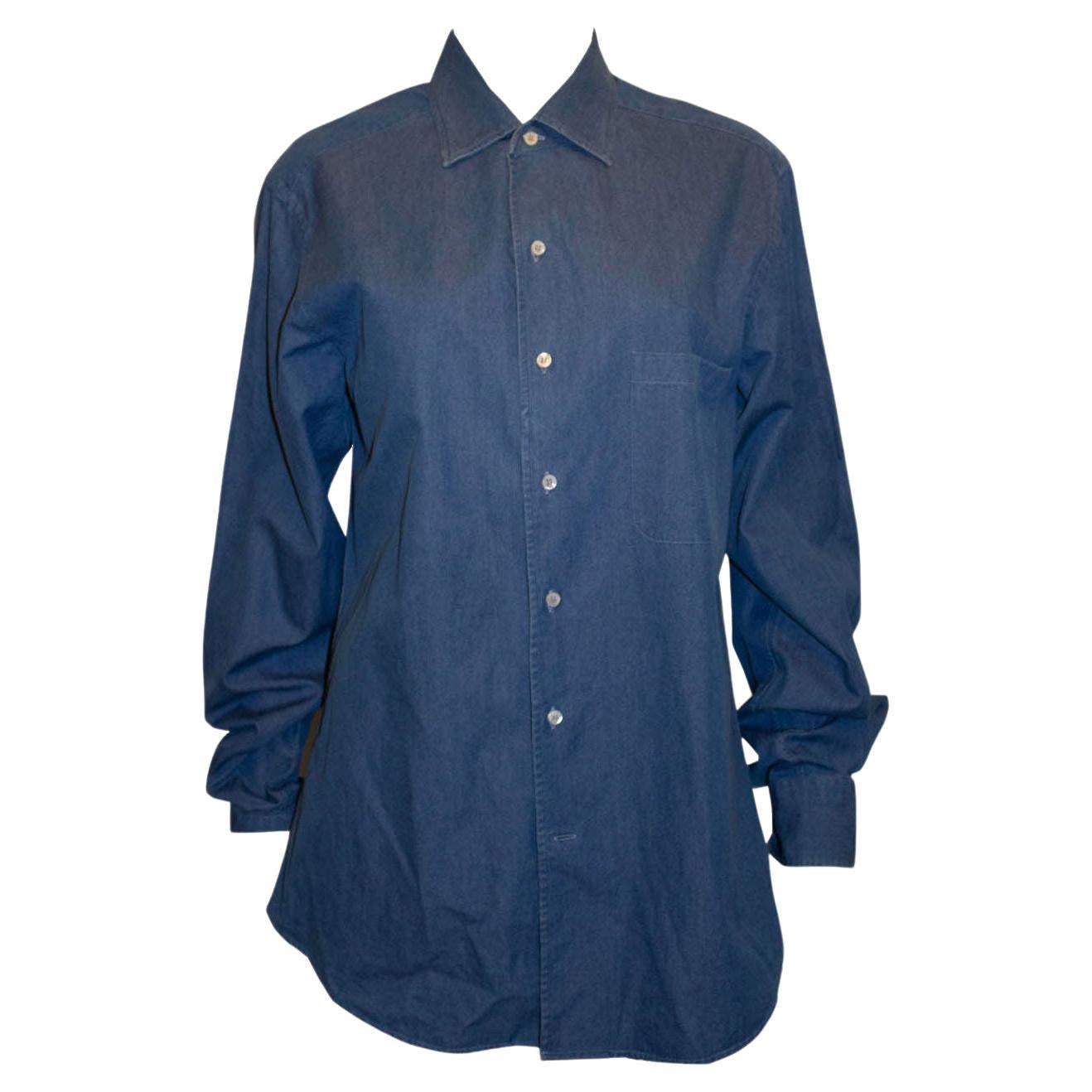 Loro Piana Men Blue Cotton Shirt For Sale