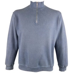 Loro Piana Men's Blue Ribbed Jersey Half Zip Mock Neck Pullover