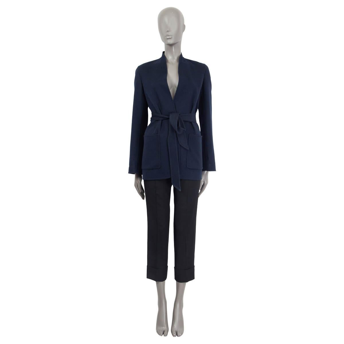 100% authentic Loro Piana light cardigan jacket in navy blue cashmere (100%). Features a detachable self-tie belt and two patch pockets on the front. Unlined. Has been worn and is in excellent condition.

Measurements
Tag Size	38
Size	XS
Shoulder