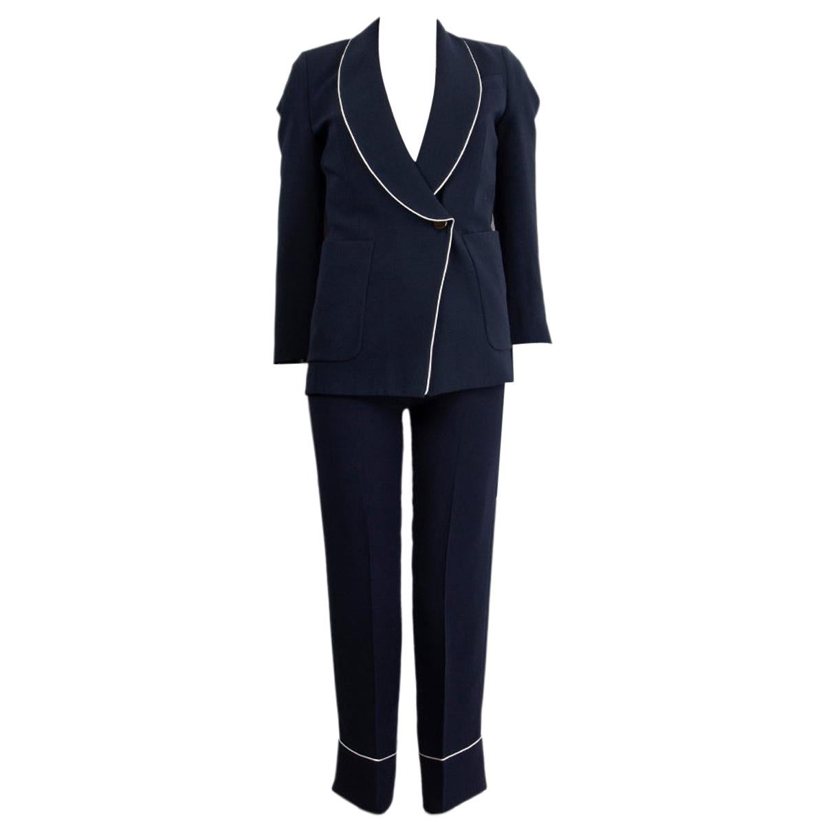 LORO PIANA navy blue silk & wool WHITE PIPING Blazer Jacket 38 XS For Sale