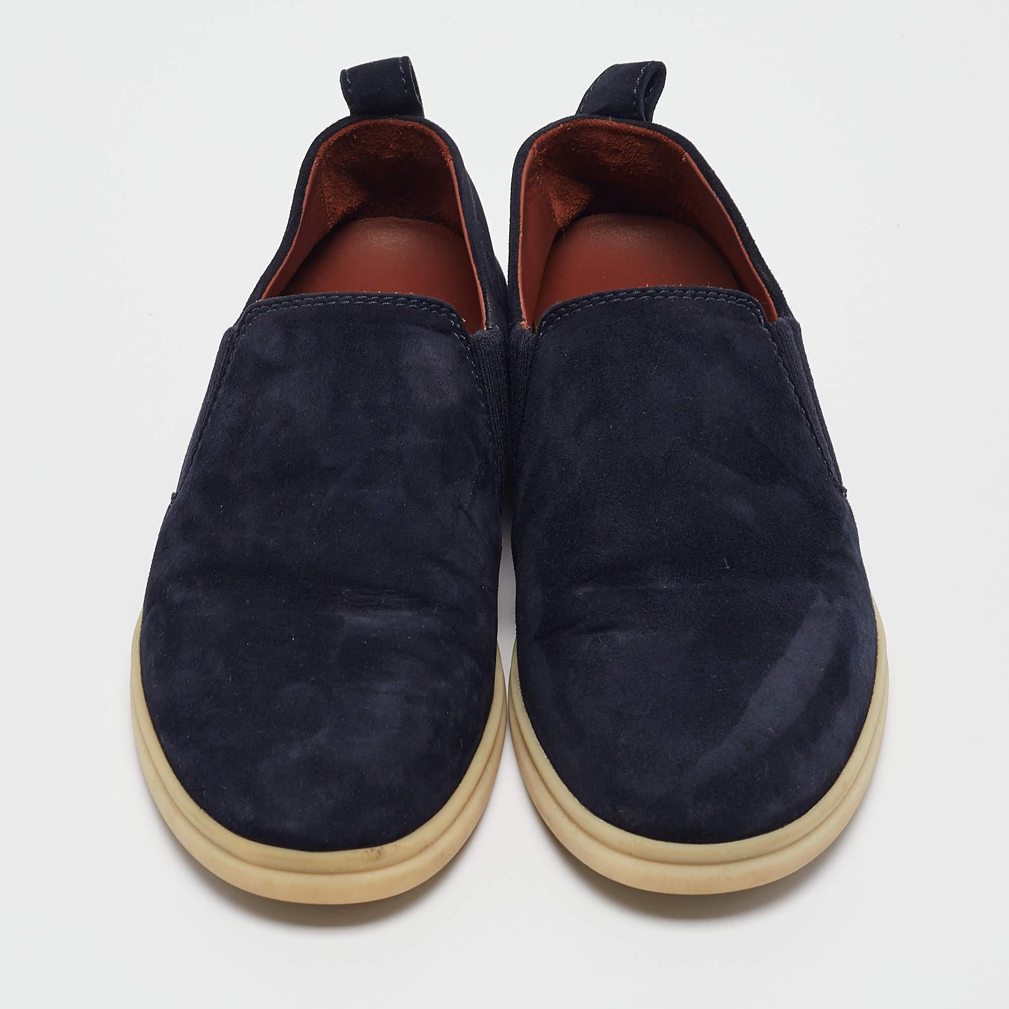 Nero Loro Piana, mocassini in pelle scamosciata Cocoon Walk blu navy, taglia 35