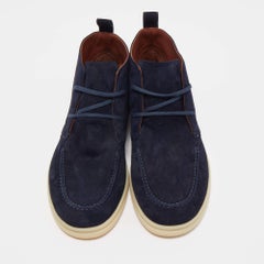 Loro Piana Navy Blue Suede Soft Walk Lace Up Ankle Boots Size 38