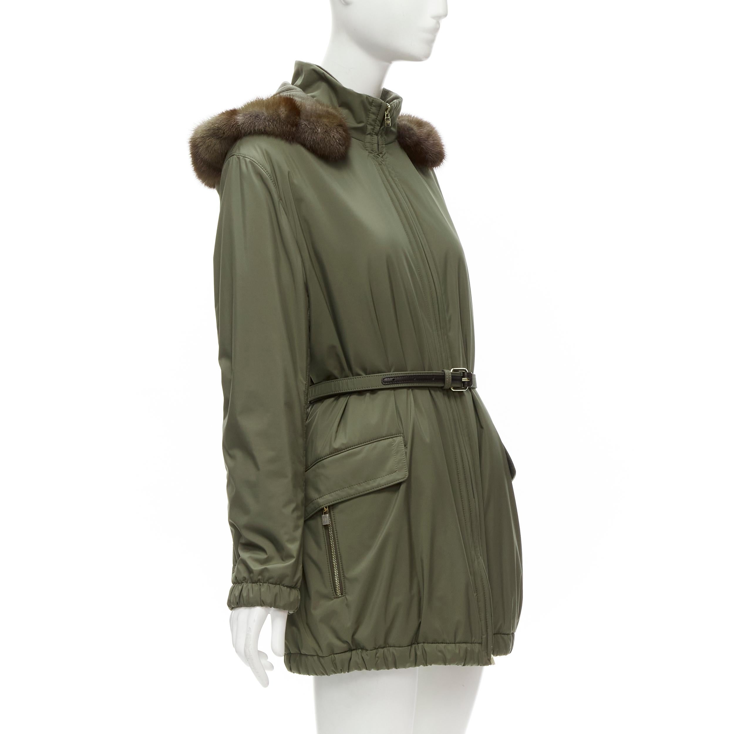 Women's LORO PIANA navy green cashmere lined fur hood belted padded coat jacket IT42 S