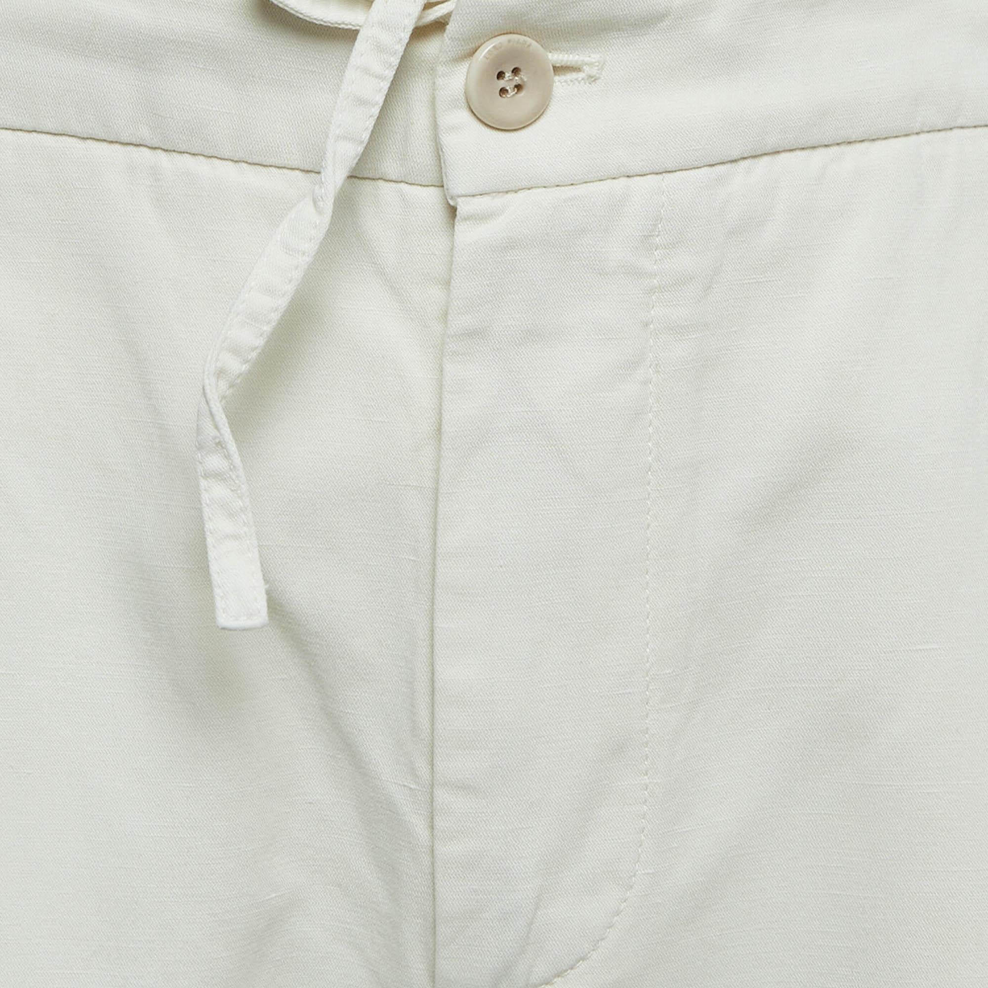 Loro Piana Off-White Pantalon à cordon de serrage en lin mélangé L. en vente 1