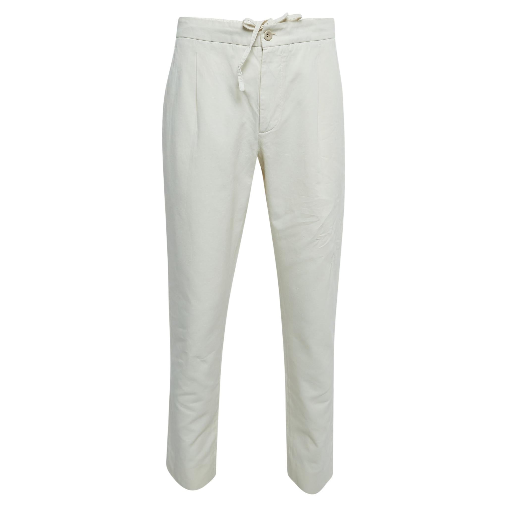 Loro Piana Off-White Pantalon à cordon de serrage en lin mélangé L. en vente