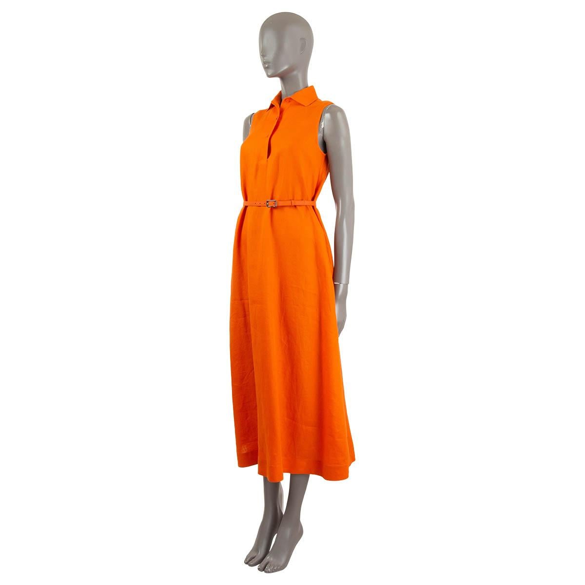 100% authentic Loro Piana Leyla belted sleeveless shirt dress in orange linen (100%). The fabric is treated with aloe vera for a wrinkle-resisting design you can pack with ease. It's cinched at the waist with a logo-engraved nappa leather belt. The