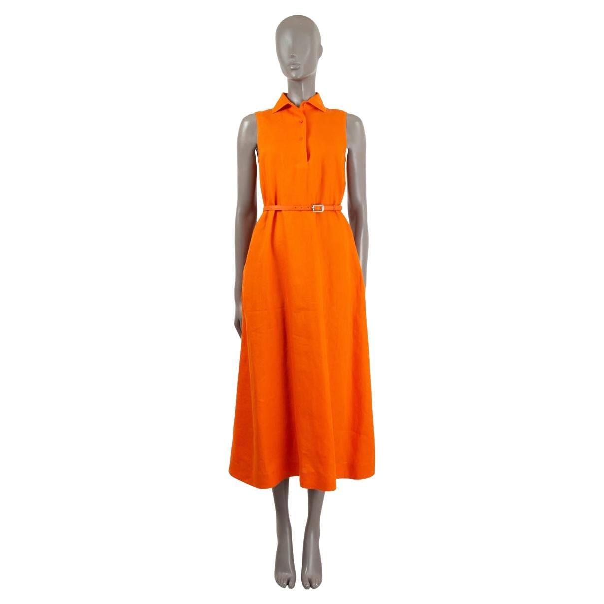 LORO PIANA - Robe midi en lin orange avec ceinture LEYLA, taille 38 XS