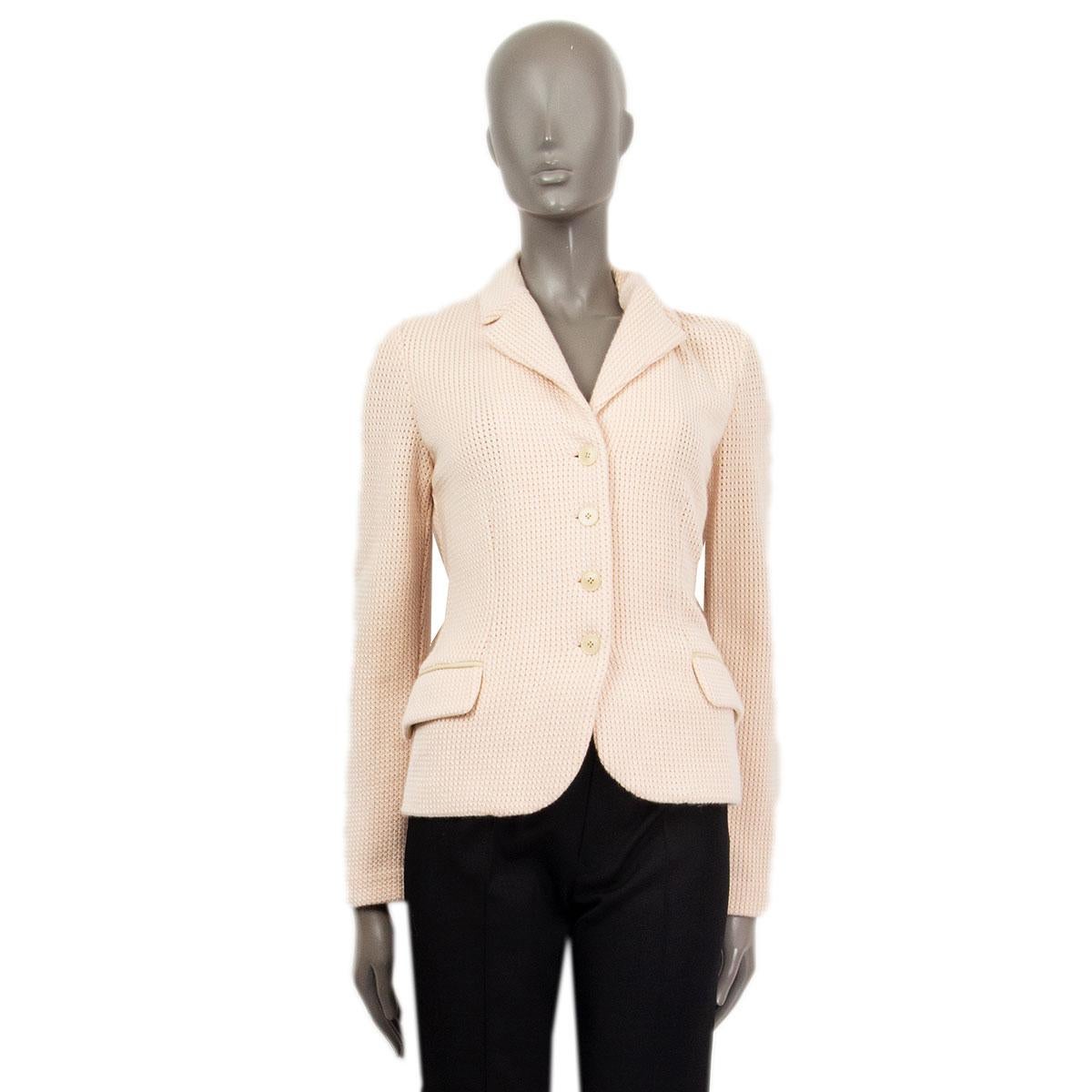 100% authentic Loro Piana Suede-Collar Knit-Jacket in pastel pink and white baby cashmere (100%) and with beige suede goatskin (100%) details at the downside collar and pockets. Closes with 4 buttons on the front, has a notch collar and flap