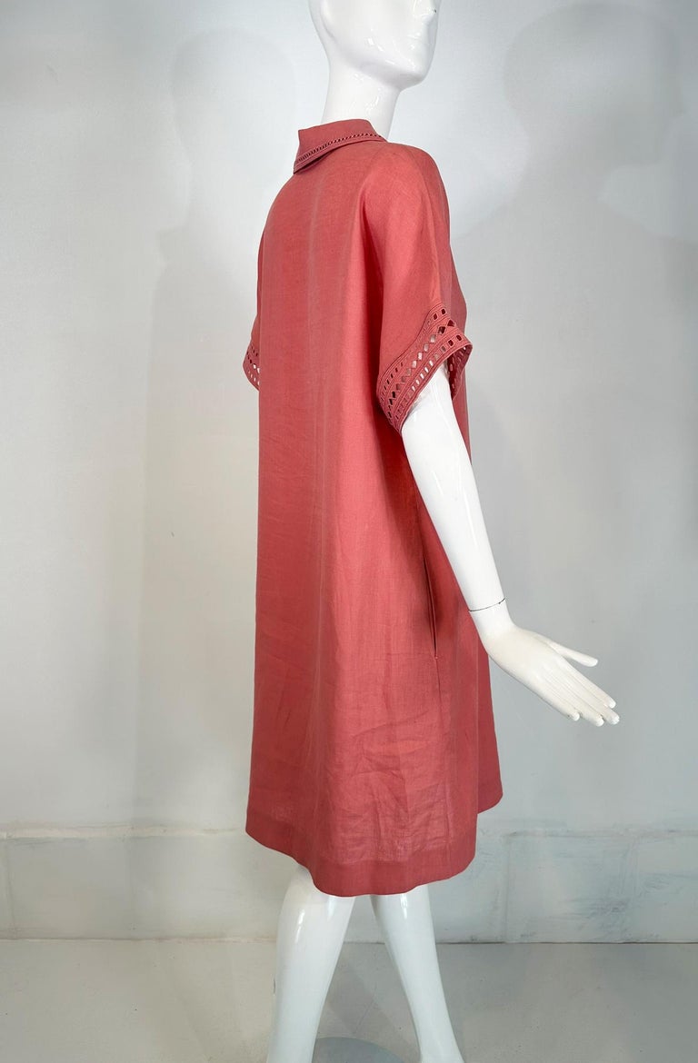 Loro Piana Pink Linen Open Work Embroidered Dress with Pockets 42 For Sale  at 1stDibs