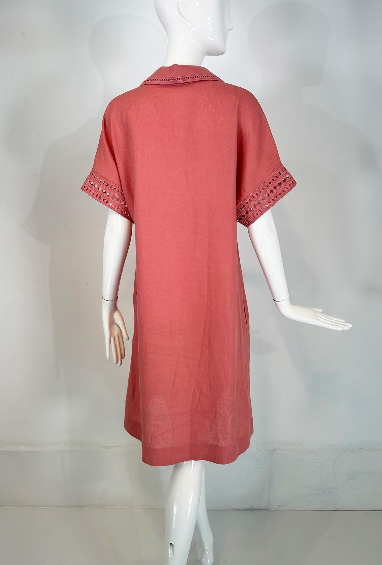 Donna Loro Piana - Vestito ricamato in lino rosa con tasche 42 in vendita