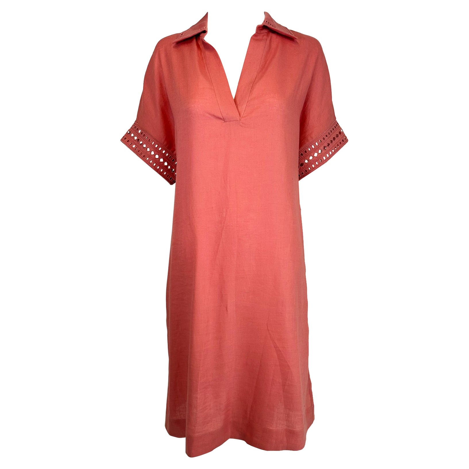 Loro Piana Rosa Lino Trabajo Abierto Vestido Bordado con Bolsillos 42