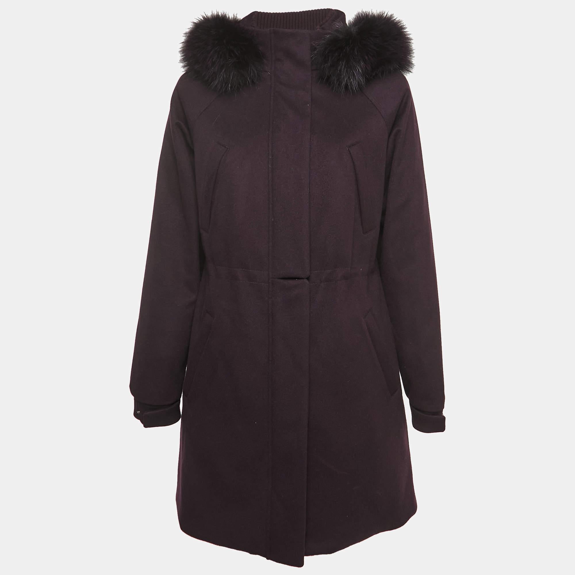 Loro Piana Purple Cashmere Fur Trimmed Hood Icery Long Coat S In Excellent Condition For Sale In Dubai, Al Qouz 2