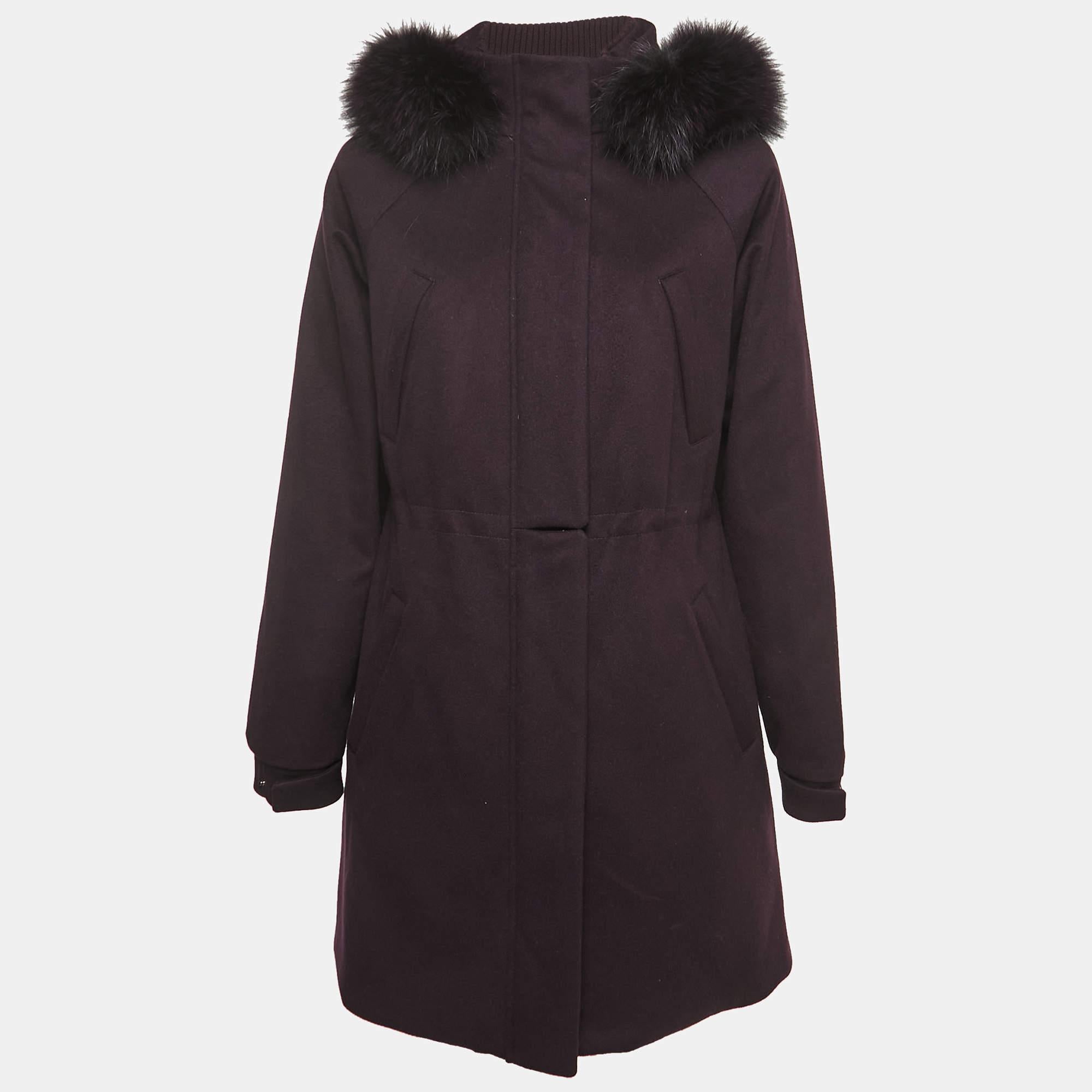 Loro Piana Purple Cashmere Fur Trimmed Hood Icery Long Coat S In Excellent Condition In Dubai, Al Qouz 2