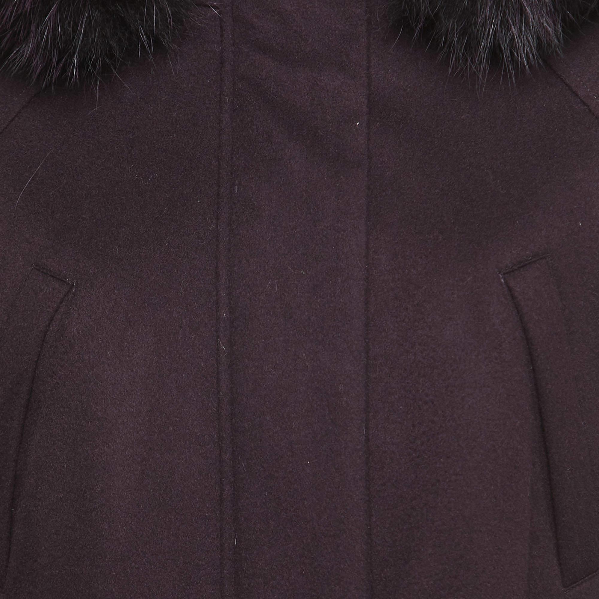 Women's Loro Piana Purple Cashmere Fur Trimmed Hood Icery Long Coat S For Sale