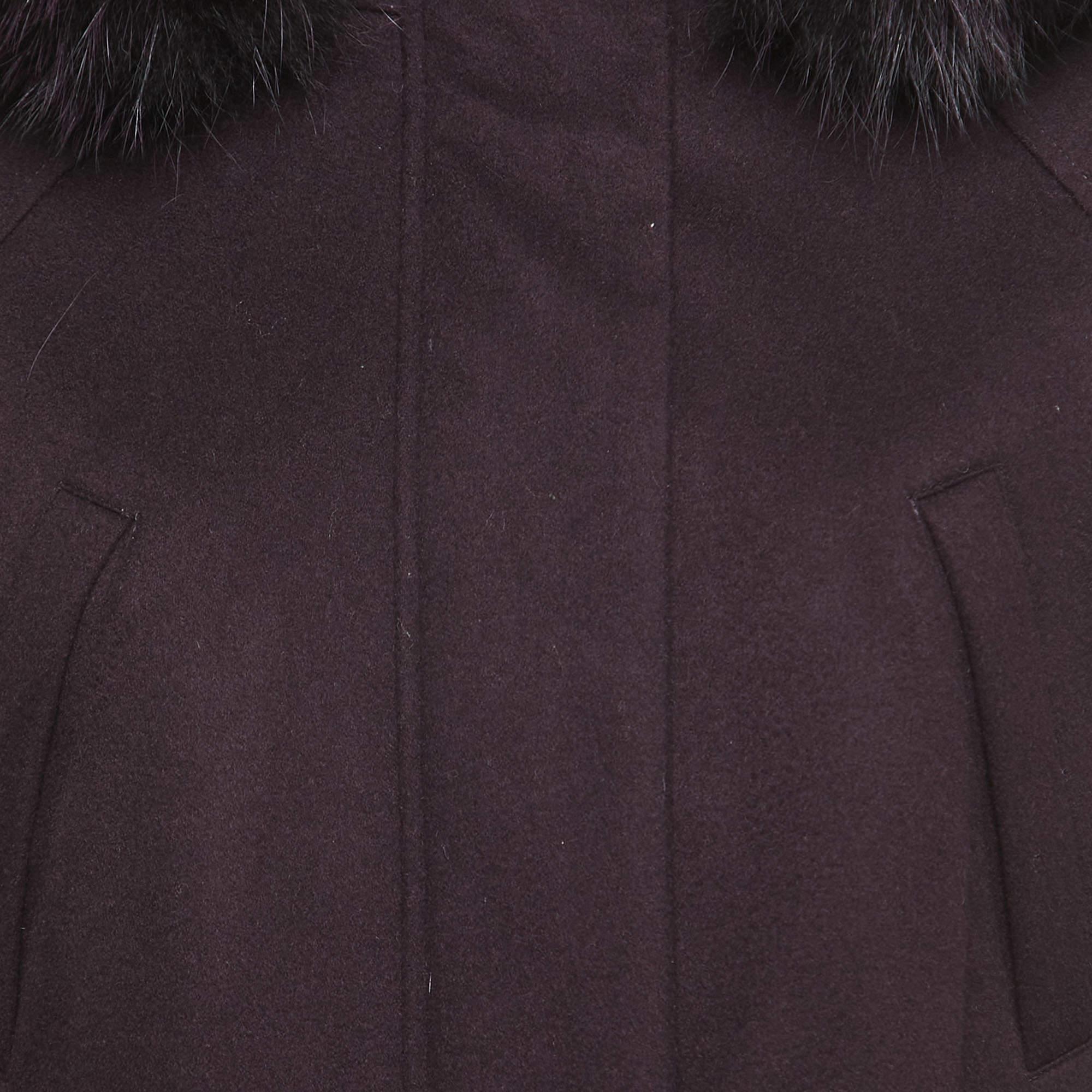 Women's Loro Piana Purple Cashmere Fur Trimmed Hood Icery Long Coat S