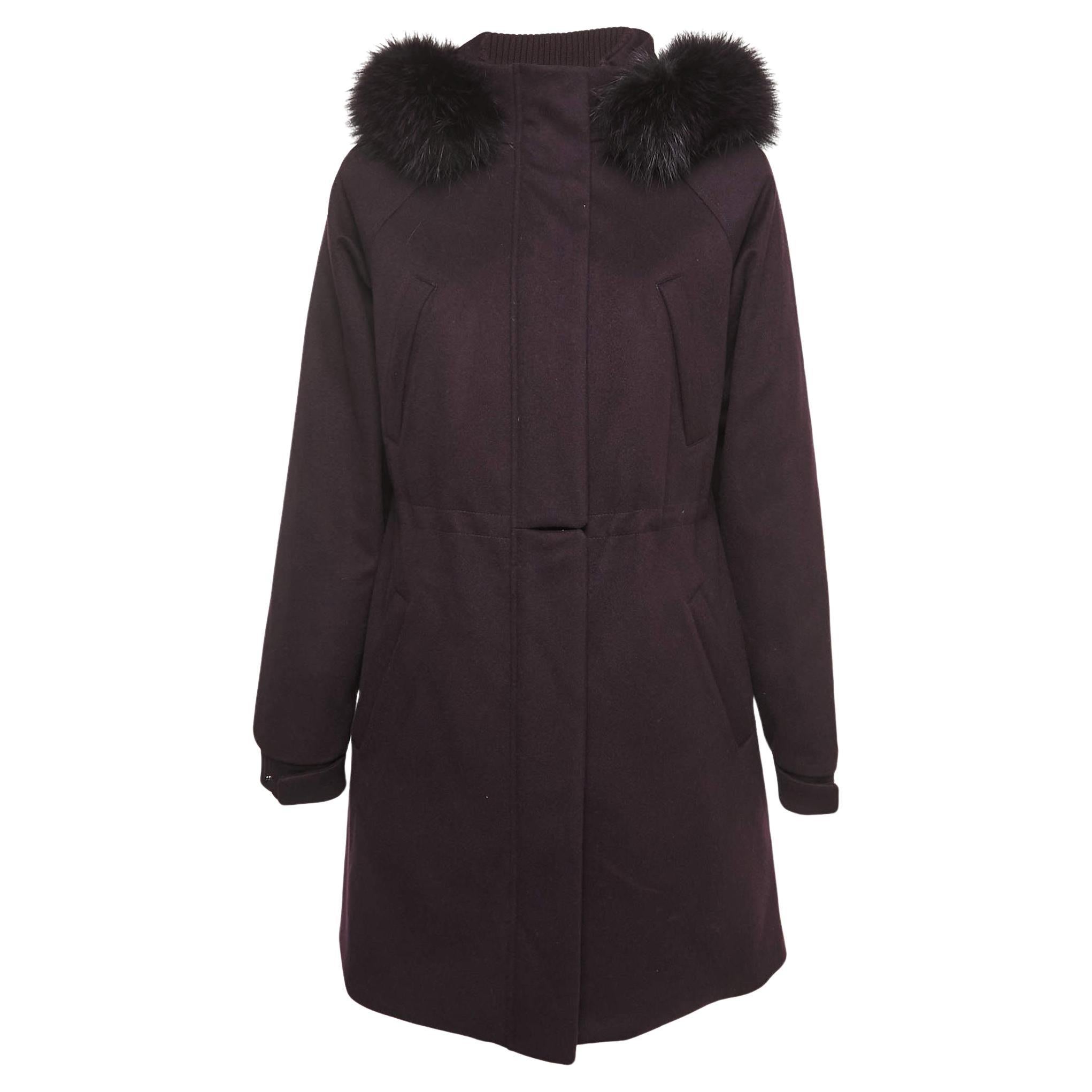 Loro Piana Purple Cashmere Fur Trimmed Hood Icery Long Coat S For Sale