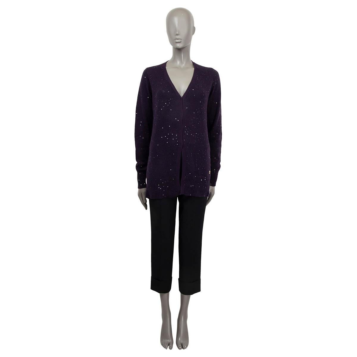 100% authentic Loro Piana sequin embellished cardigan in purple cashmere (93%) and cotton (9%). Features a v-neck and opens with concealed buttons on the front. Has been worn and is in excellent condition. Matching top available in separate listing.