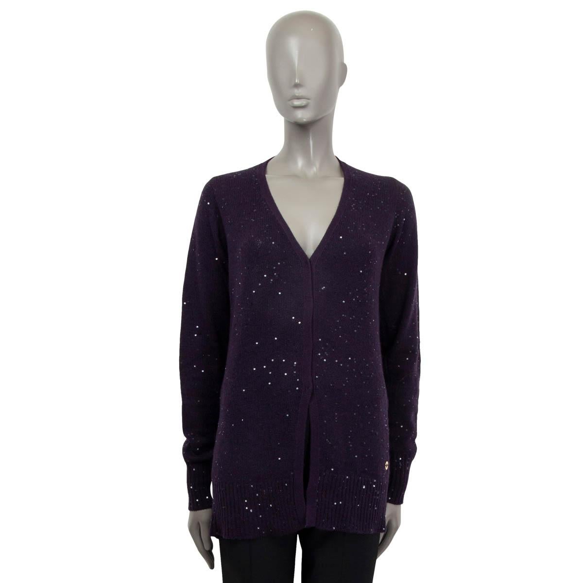 Black LORO PIANA purple cashmere SEQUIN CARDIGAN Sweater 44 L For Sale