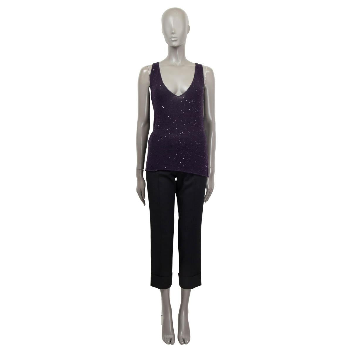 100% authentic Loro Piana sequin embellished sleeveless knit top in purple cashmere (90%), cotton (7%) and polyester (3%). Has been worn and is in excellent condition. Matching cardigan available in separate listing. 

Measurements
Tag