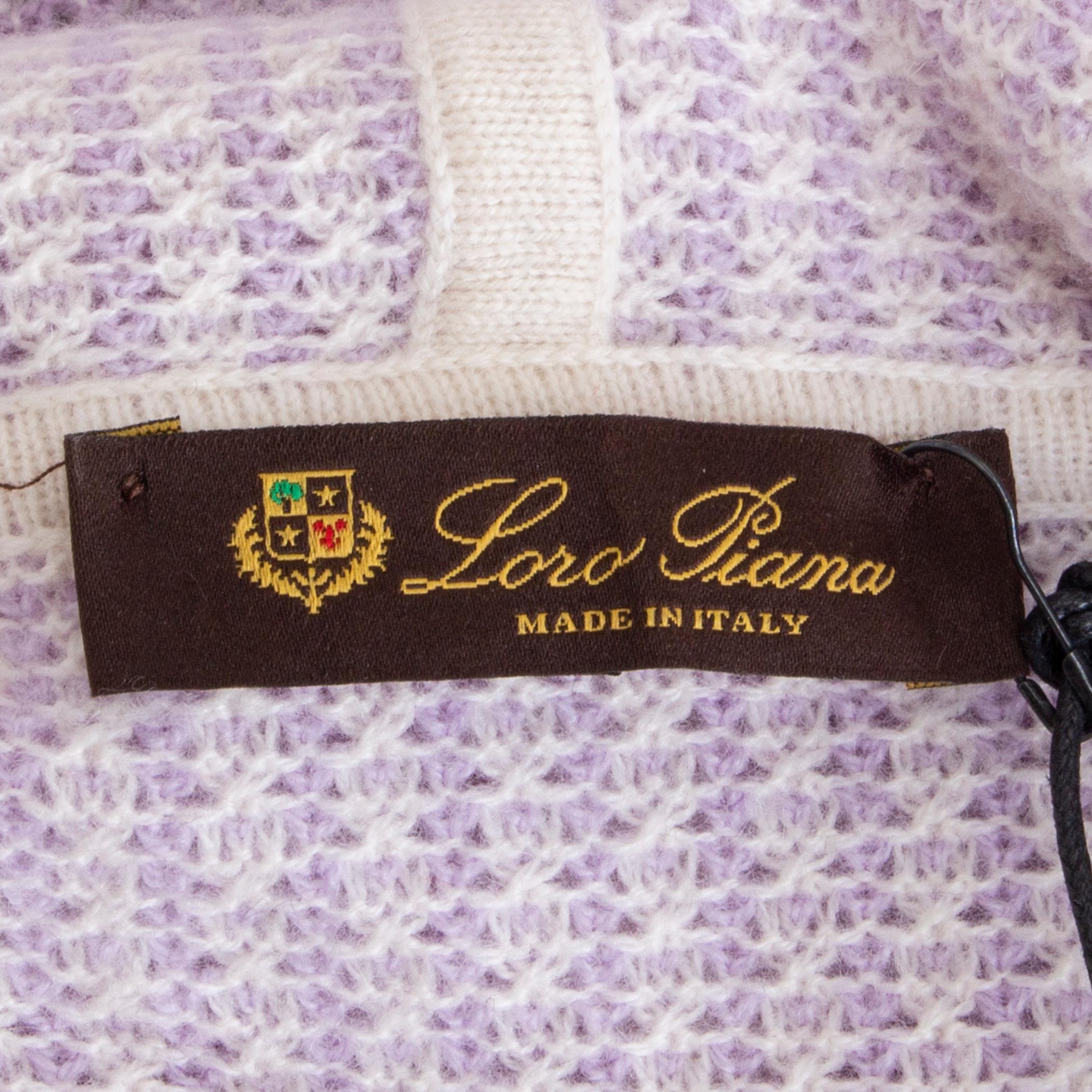 LORO PIANA purple white cashmere HOODED V-NECK Sweater 46 XL In Excellent Condition In Zürich, CH