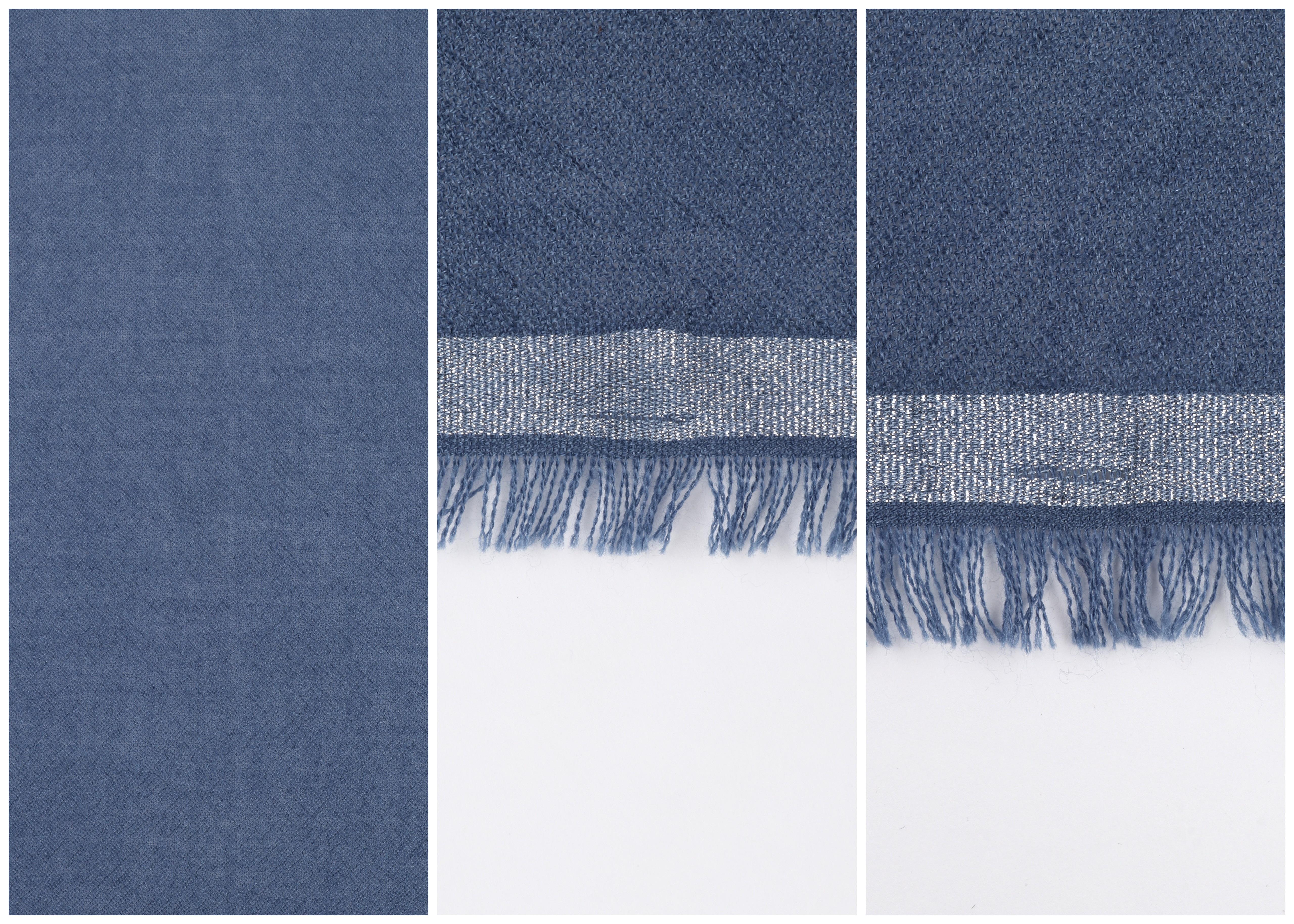 LORO PIANA “Quadrata Carre” Blue Silver Silk Cashmere Fringe Knit Travel Scarf 2