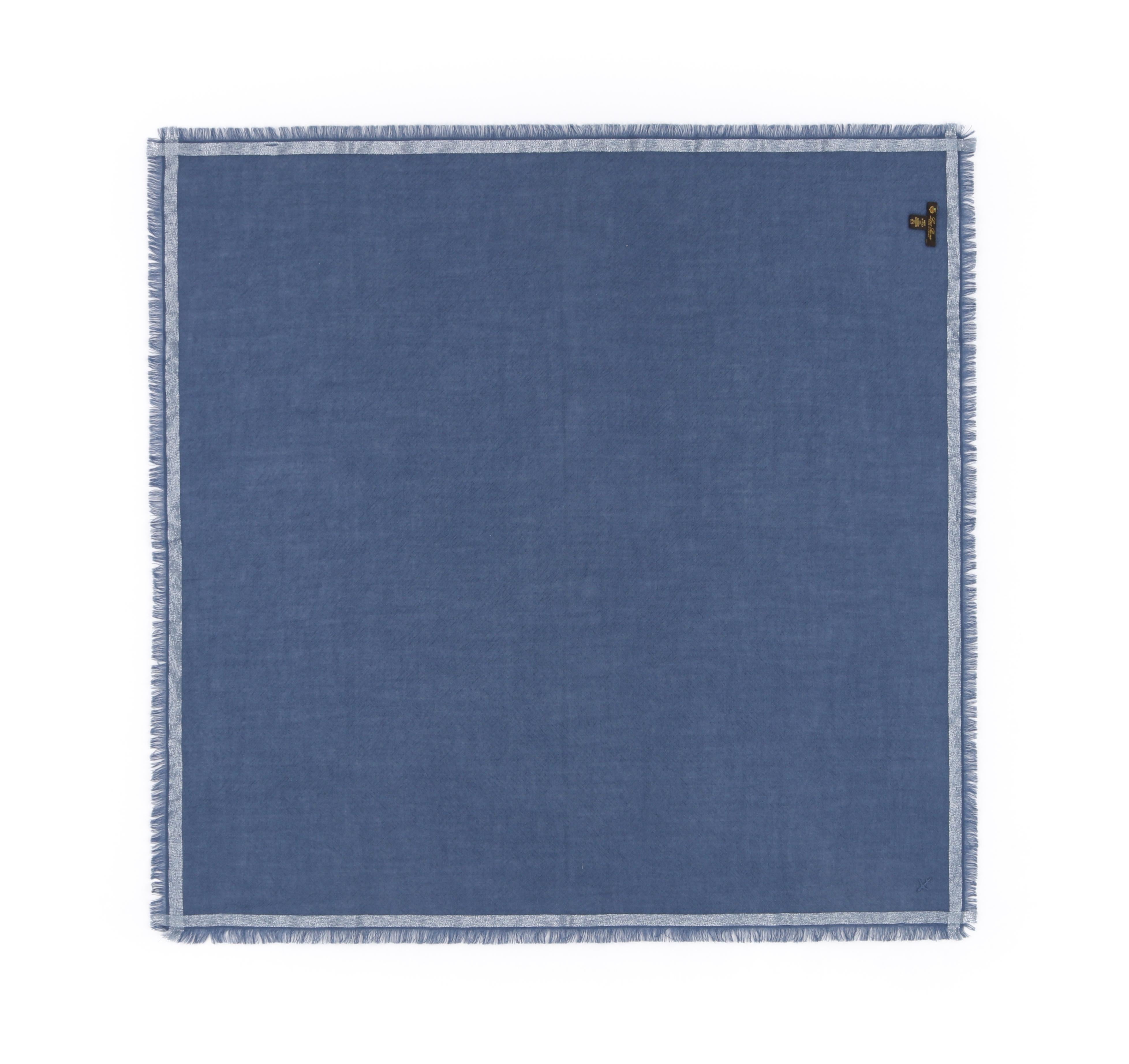 Purple LORO PIANA “Quadrata Carre” Blue Silver Silk Cashmere Fringe Knit Travel Scarf