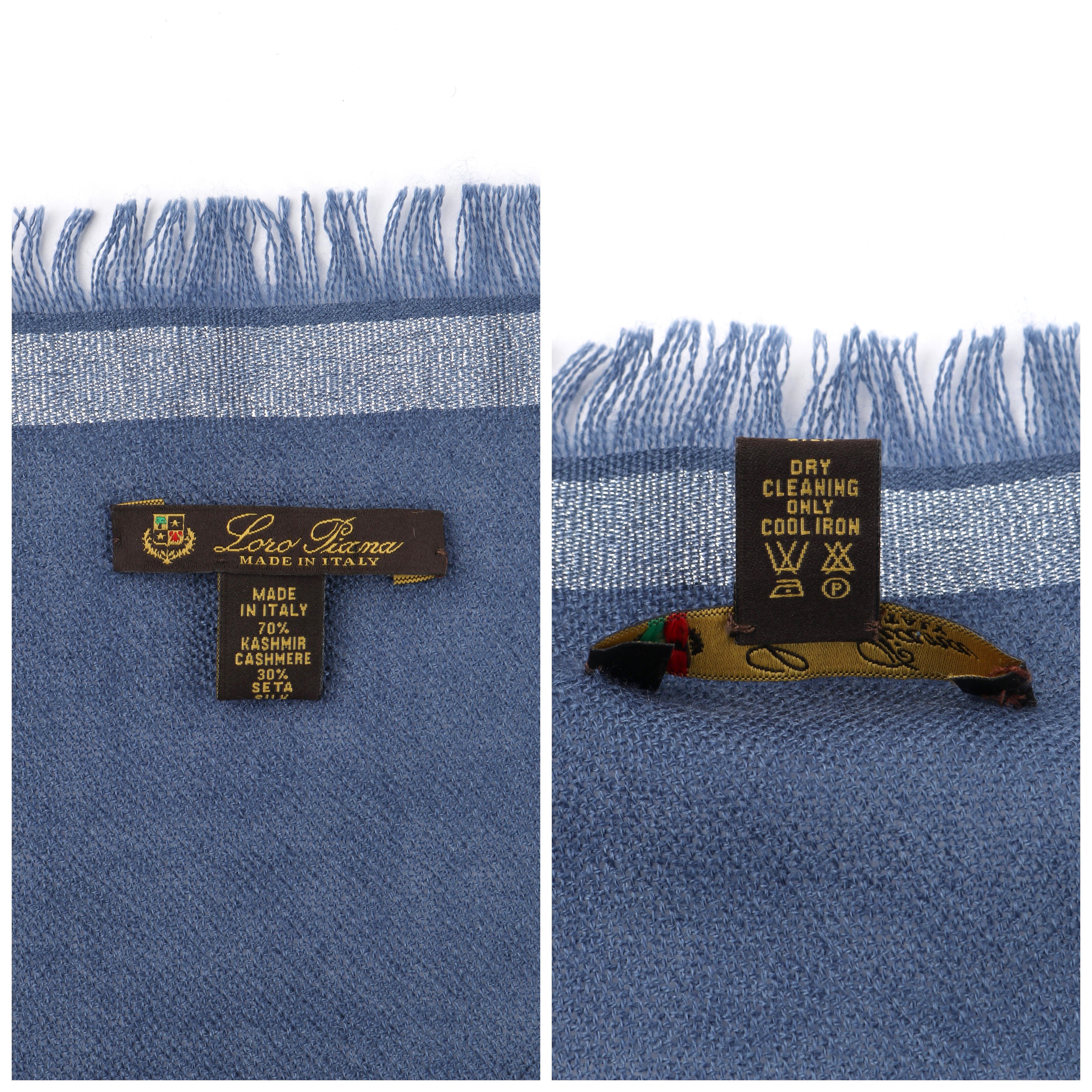 LORO PIANA “Quadrata Carre” Blue Silver Silk Cashmere Fringe Knit Travel Scarf 1