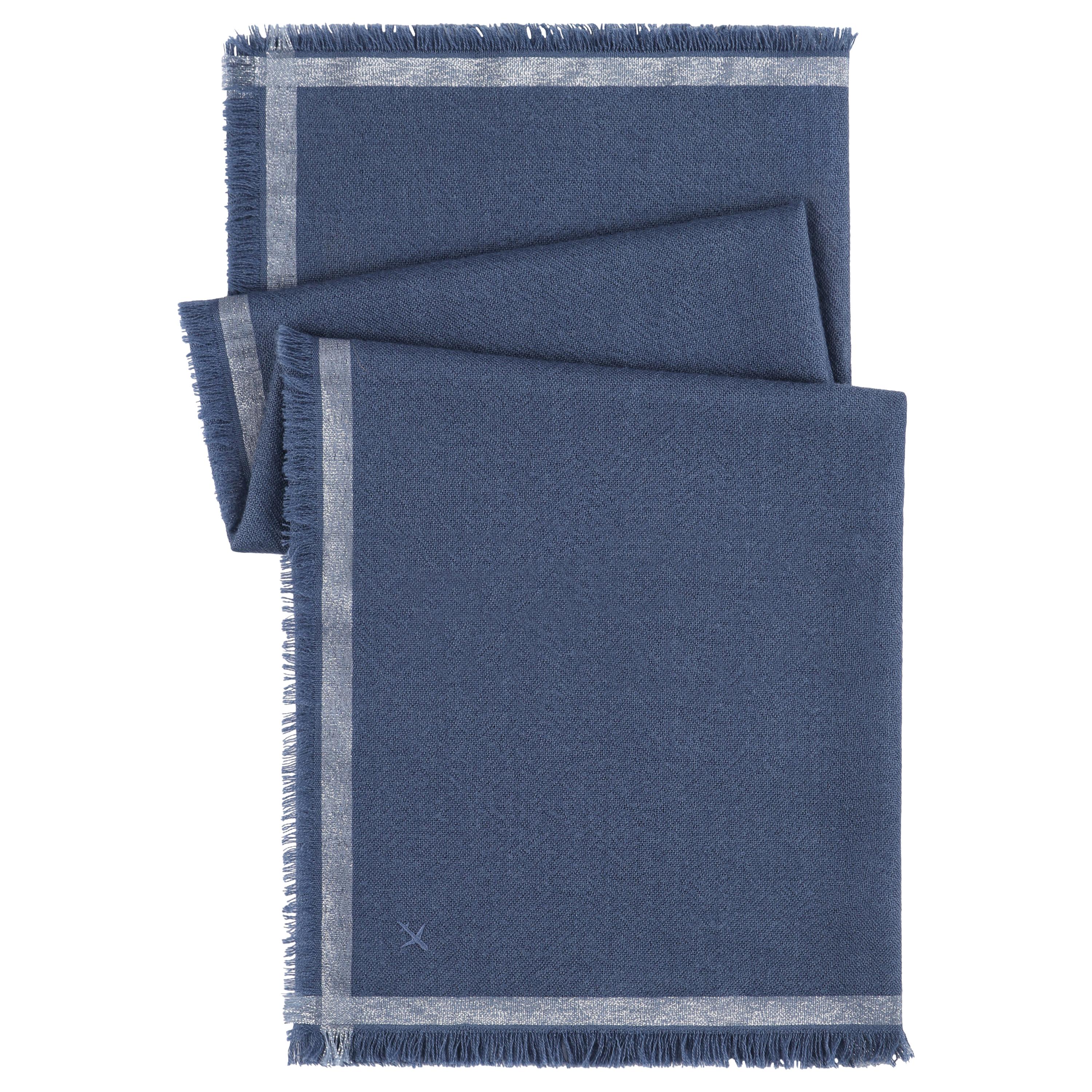 LORO PIANA “Quadrata Carre” Blue Silver Silk Cashmere Fringe Knit Travel Scarf