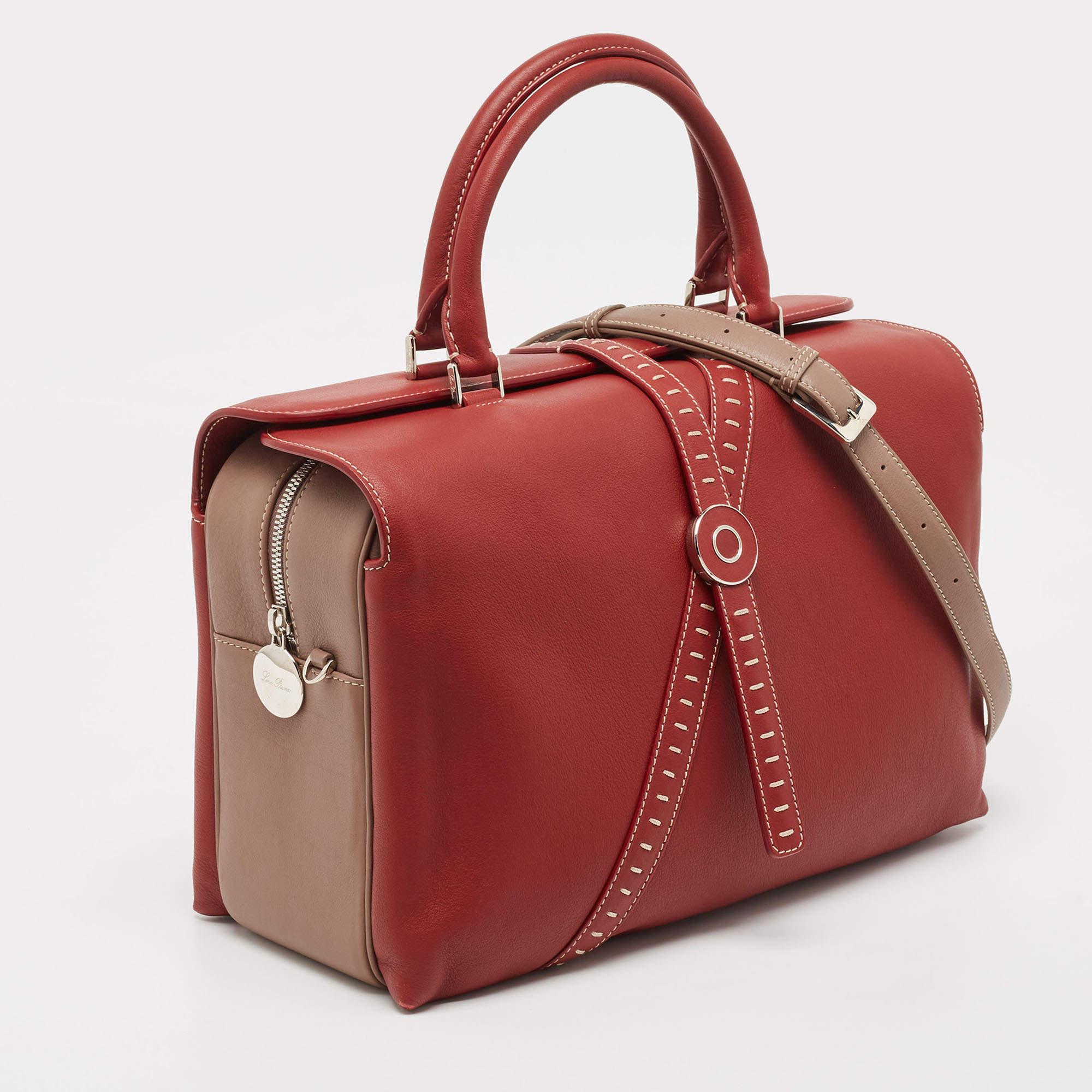Women's Loro Piana Red/Beige Leather Bridle Top Handle Bag