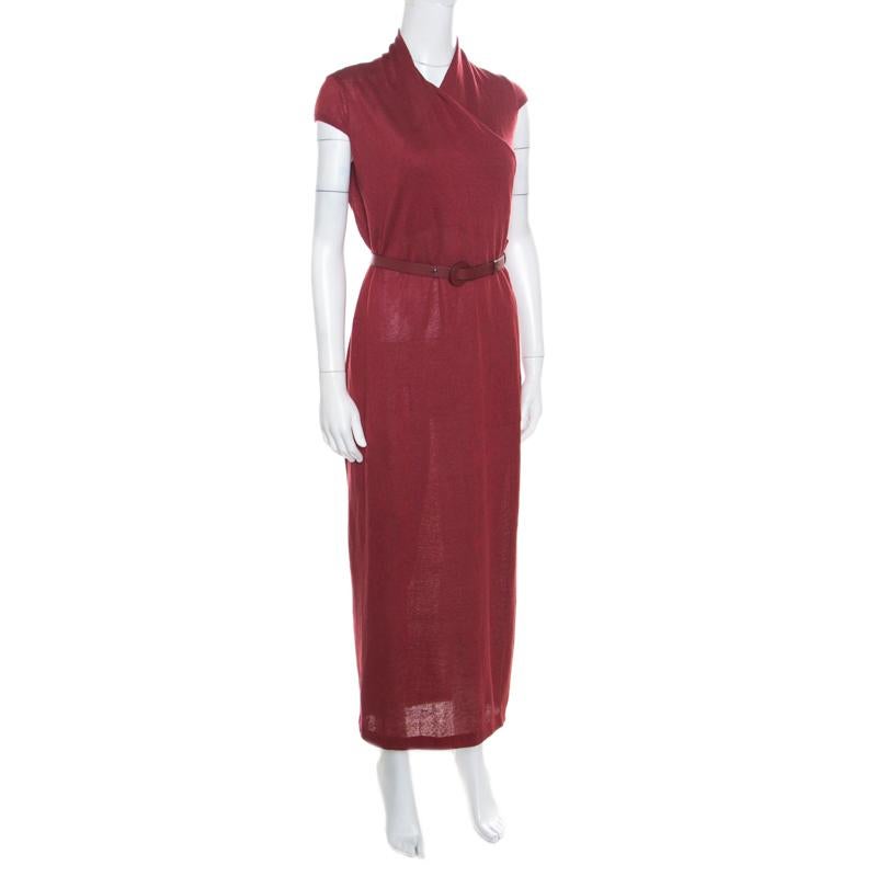 Brown Loro Piana Red Linen and Silk Draped Cap Sleeve Belted Dress S