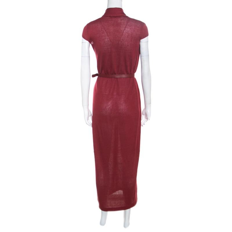 Brown Loro Piana Red Linen and Silk Draped Cap Sleeve Belted Dress S