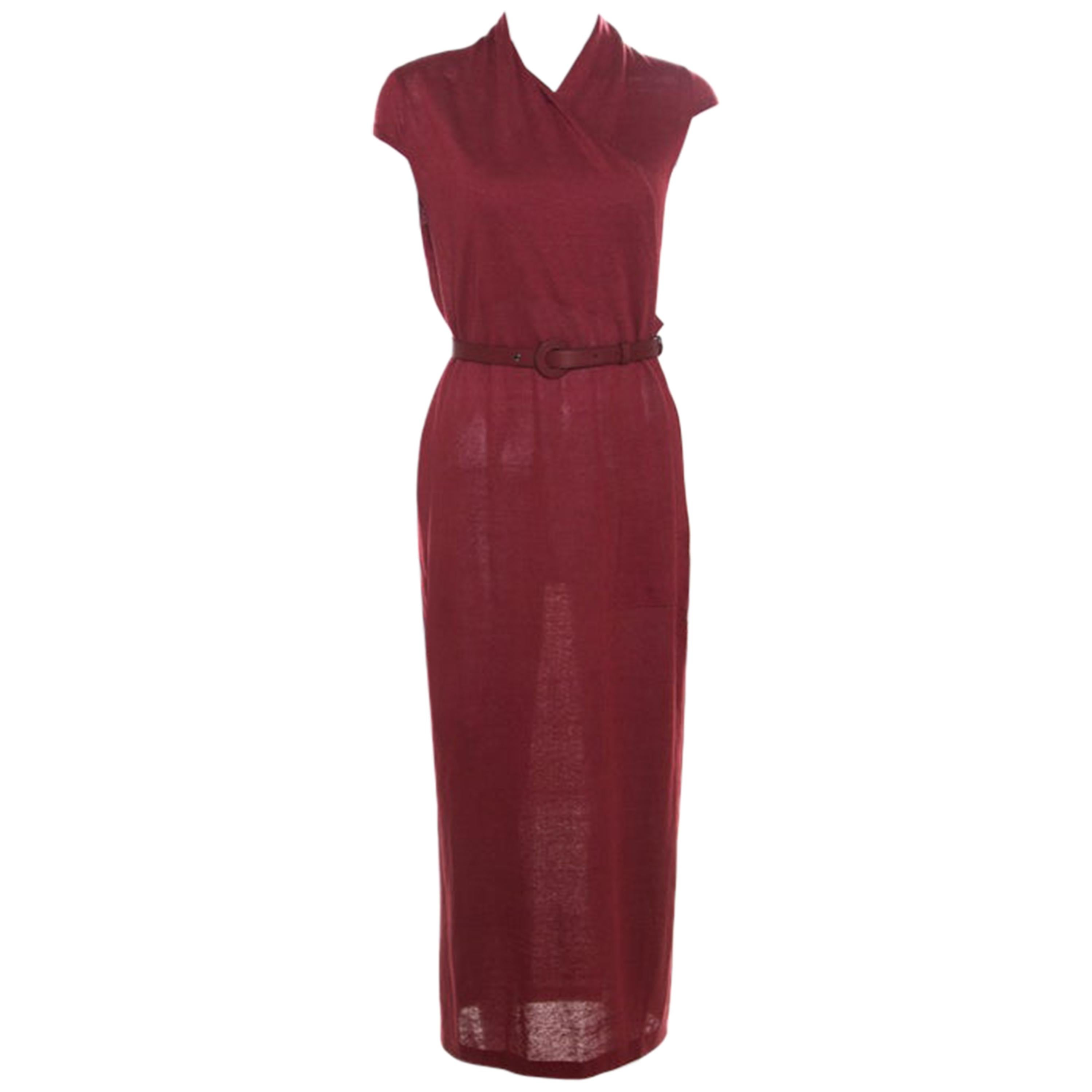 Loro Piana Red Linen and Silk Draped Cap Sleeve Belted Dress S