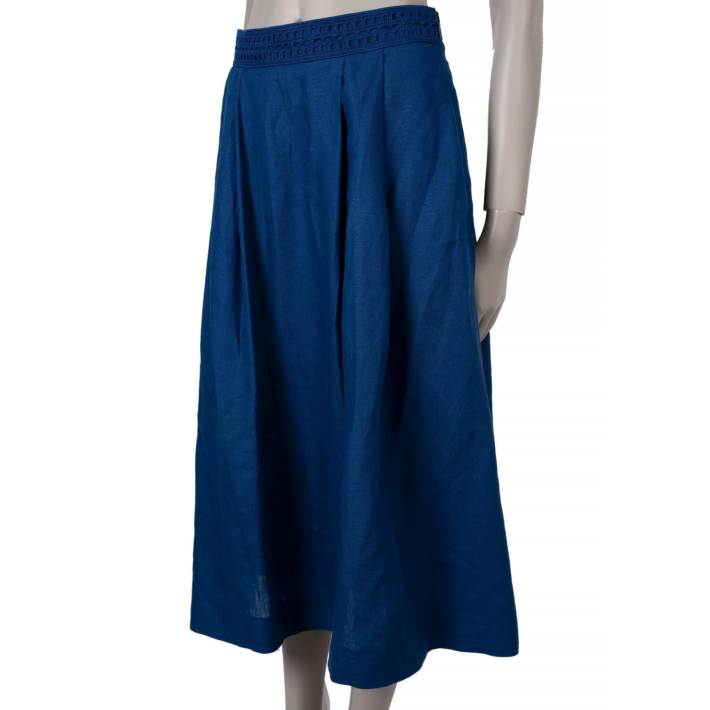 This 100% authentic Loro Piana pleated midi skirt is crafted from royal blue linen (100%) and features a classic A-line silhouette. It includes two slit pockets for practicality and an intricately embroidered waistband that adds a refined touch. The