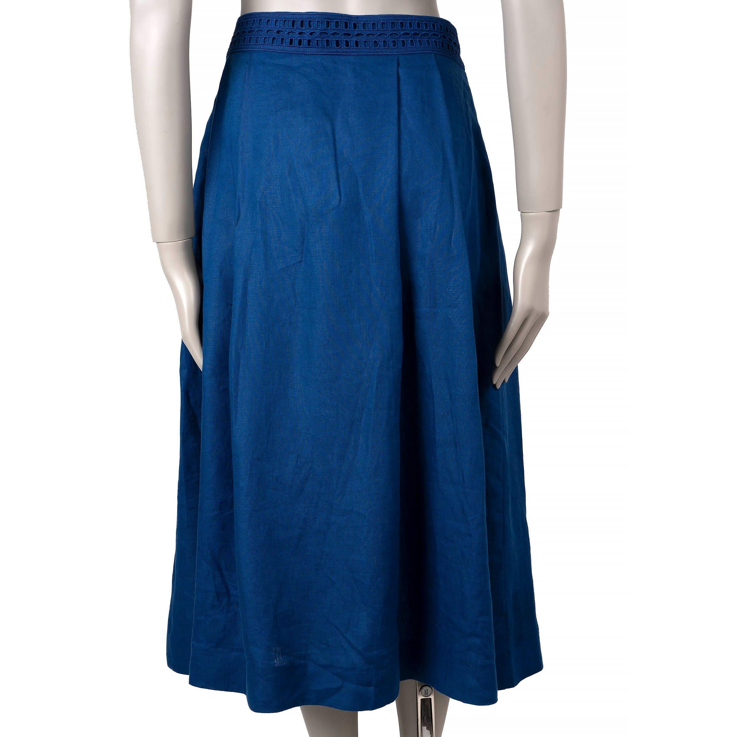 Blue LORO PIANA royal blue linen PLEATED MIDI Skirt 46 XL For Sale