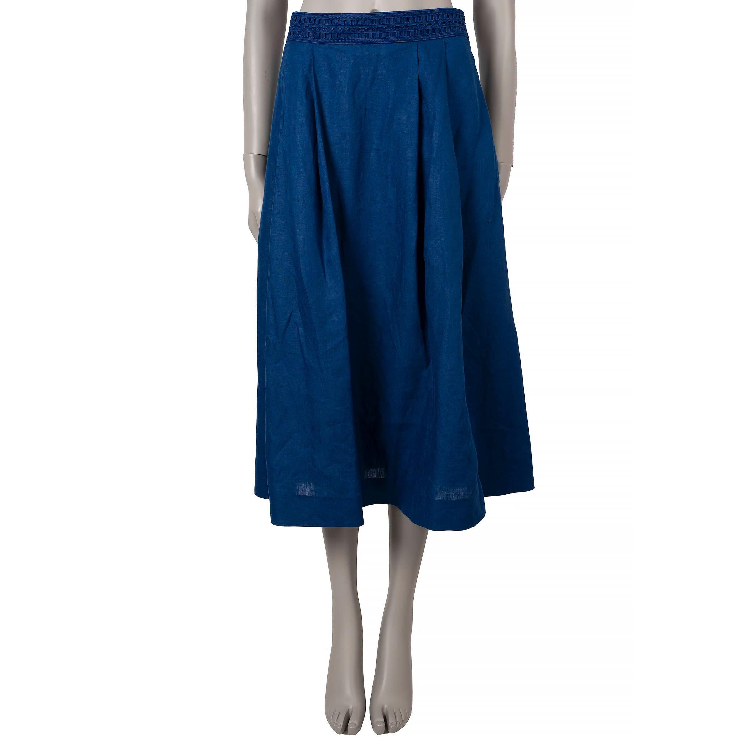 LORO PIANA royal blue linen PLEATED MIDI Skirt 46 XL In Excellent Condition For Sale In Zürich, CH