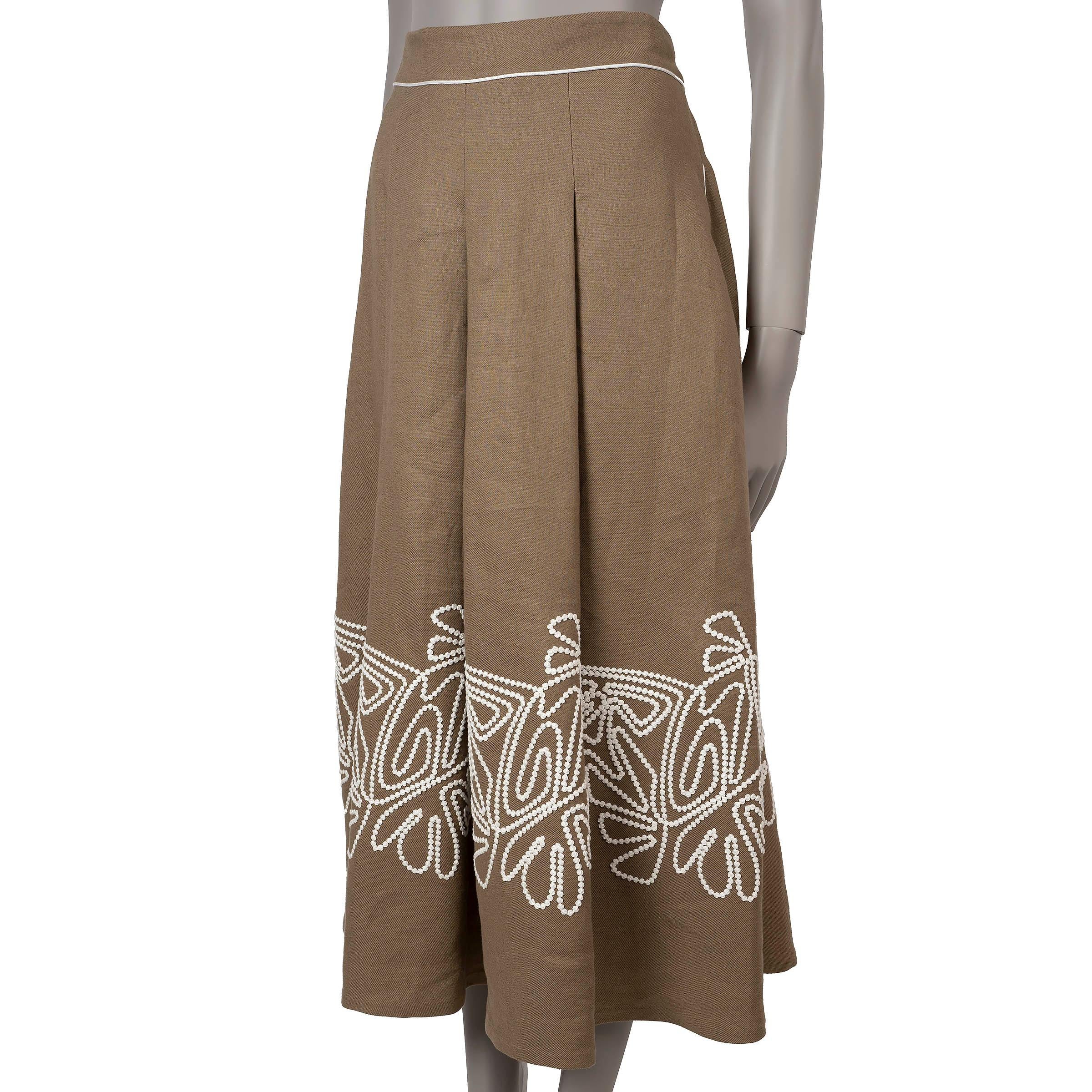 Beige LORO PIANA sand beige linen 2021 DOLLY PLEATED MIDI Skirt XL For Sale