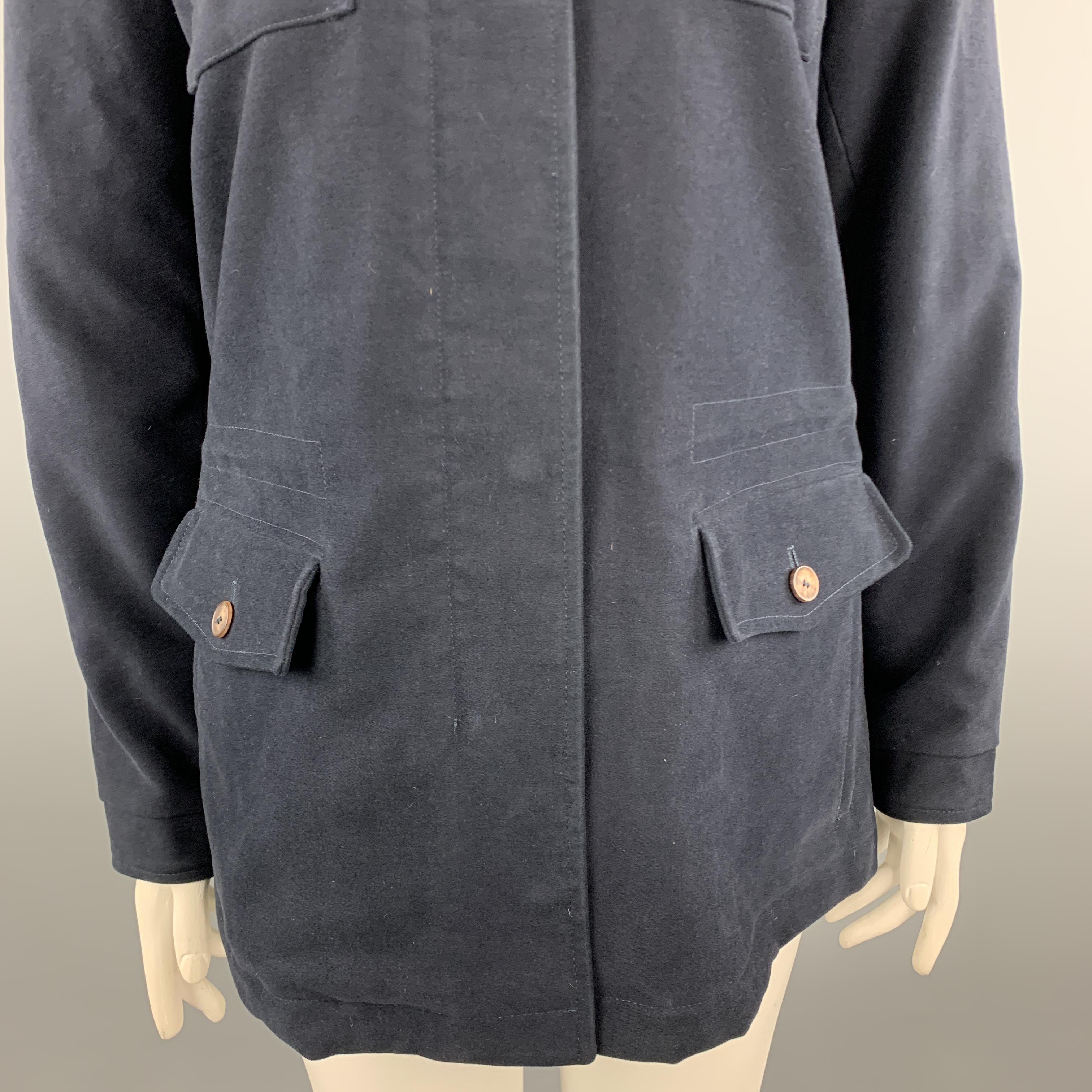 Black LORO PIANA Size 10 Navy Cotton High Collar Zip Hood Jacket