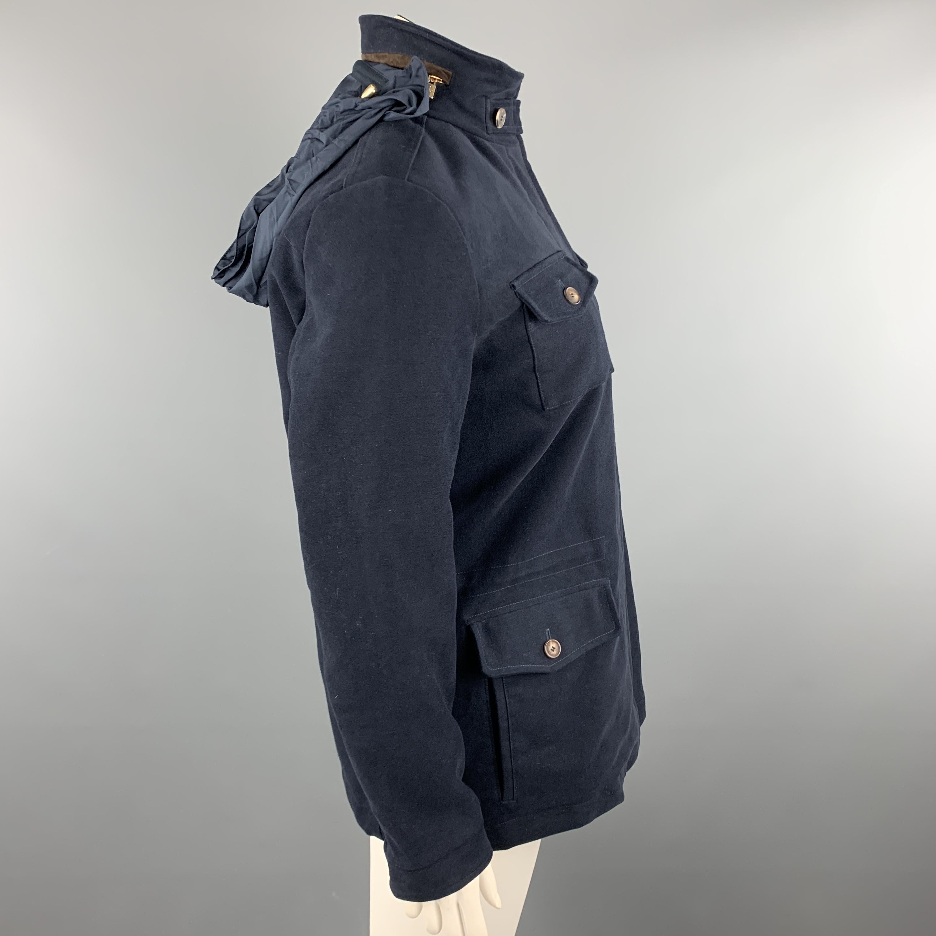 LORO PIANA Size 10 Navy Cotton High Collar Zip Hood Jacket In Excellent Condition In San Francisco, CA