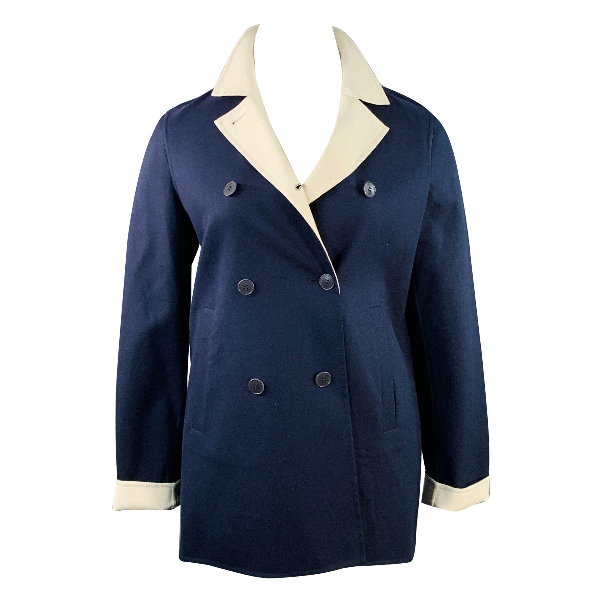 LORO PIANA Size 12 Caleb Navy White Cotton Blend Twill Double Breasted Jacket Blazer im Angebot