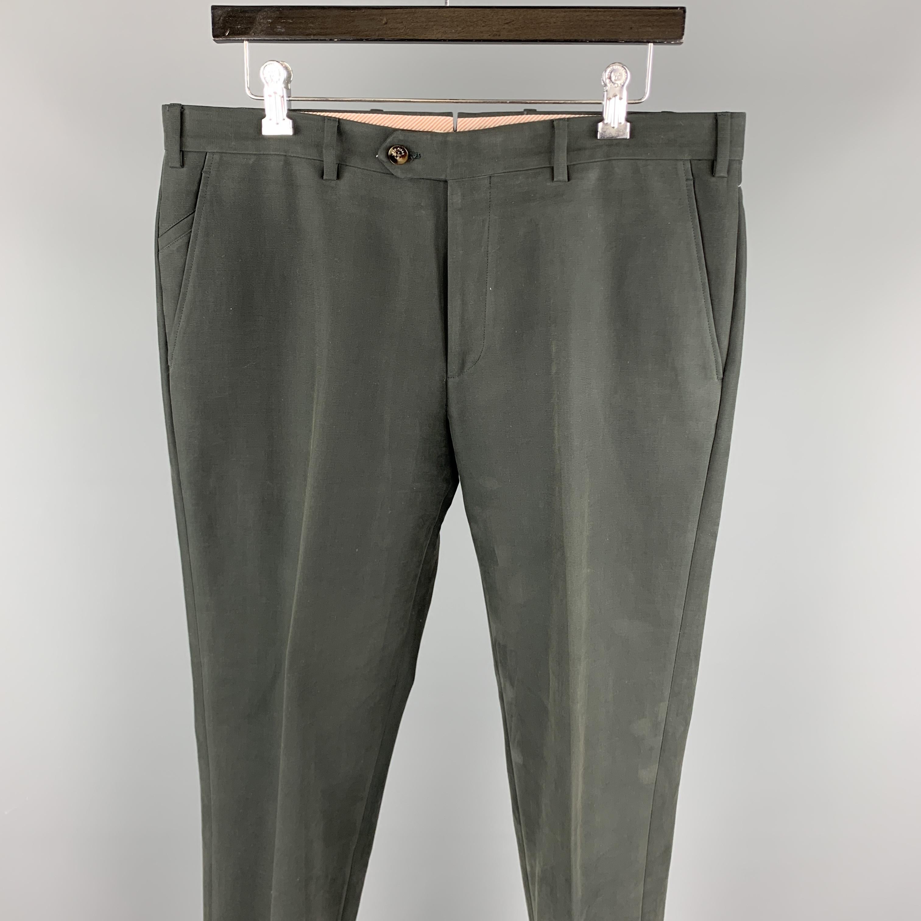 LORO PIANA casual pants comes in a charcoal cotton featuring a front flat style and a zip fly closure. Made in Italy.

Good Pre-Owned Condition.
Marked: 50

Measurements:

Waist: 36 in. 
Rise: 10 in. 
Inseam: 34 in. 